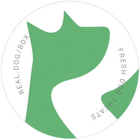 Green dog silhouette with white background and circular text reading 'Real Dog Box + Fresh Dog Treats'