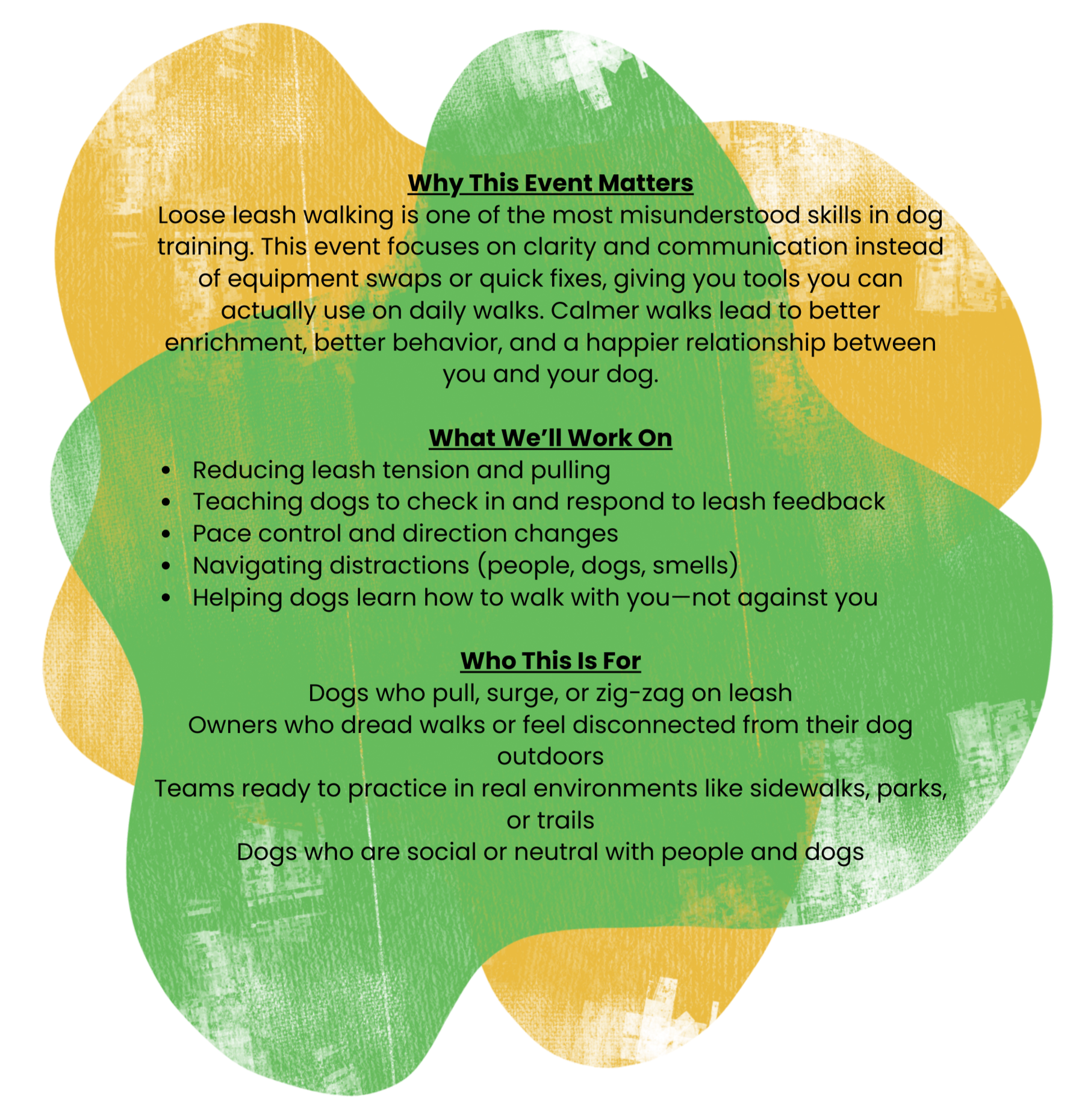 A colorful flyer with information about leash walking skills for dogs, including goals and target audience, with sections titled 'Why This Event Matters,' 'What We'll Work On,' and 'Who This Is For.' The flyer uses a green and yellow abstract background.