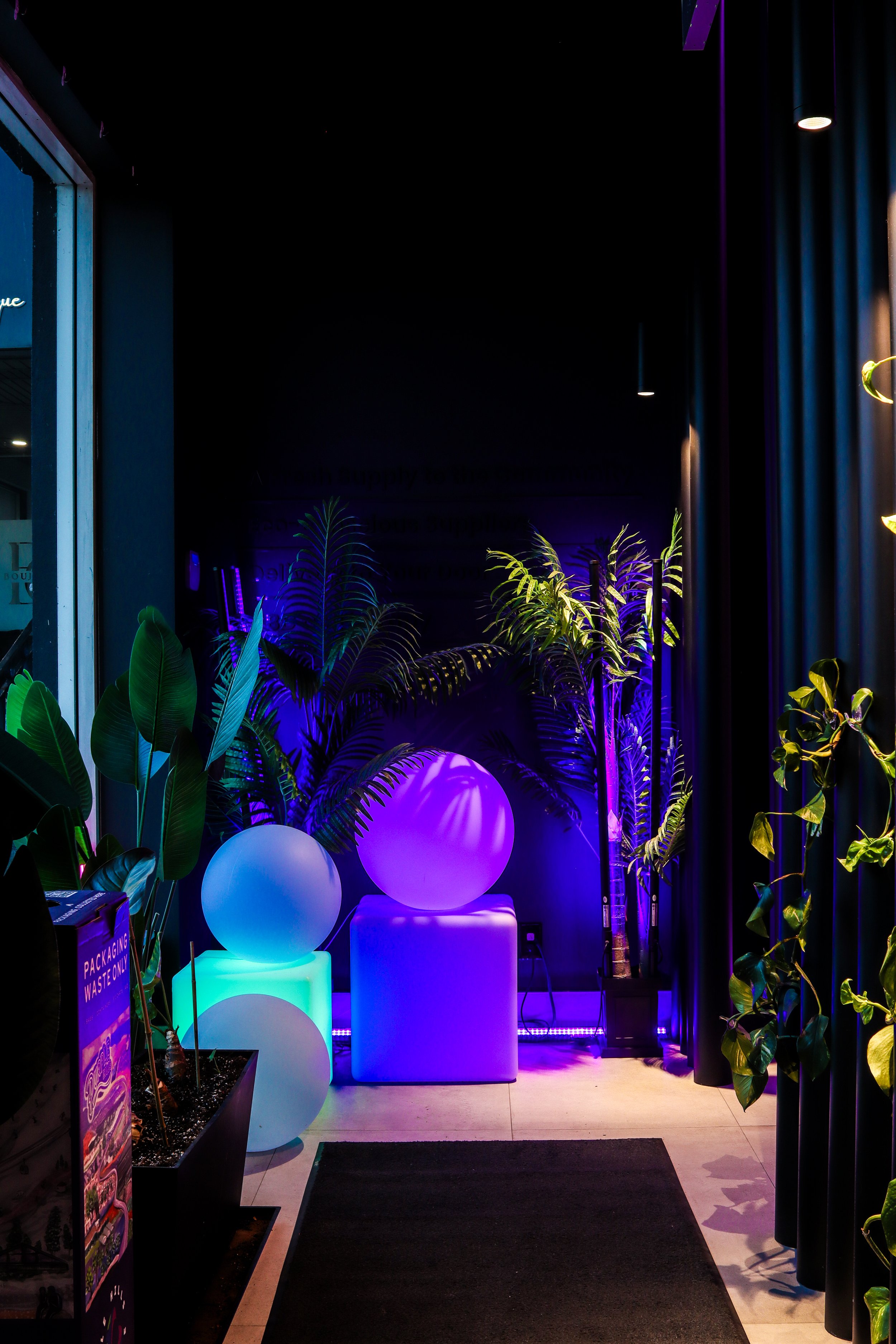 Entrance to a modern indoor space decorated with illuminated spherical lights and various potted plants, with a black mat on the floor.