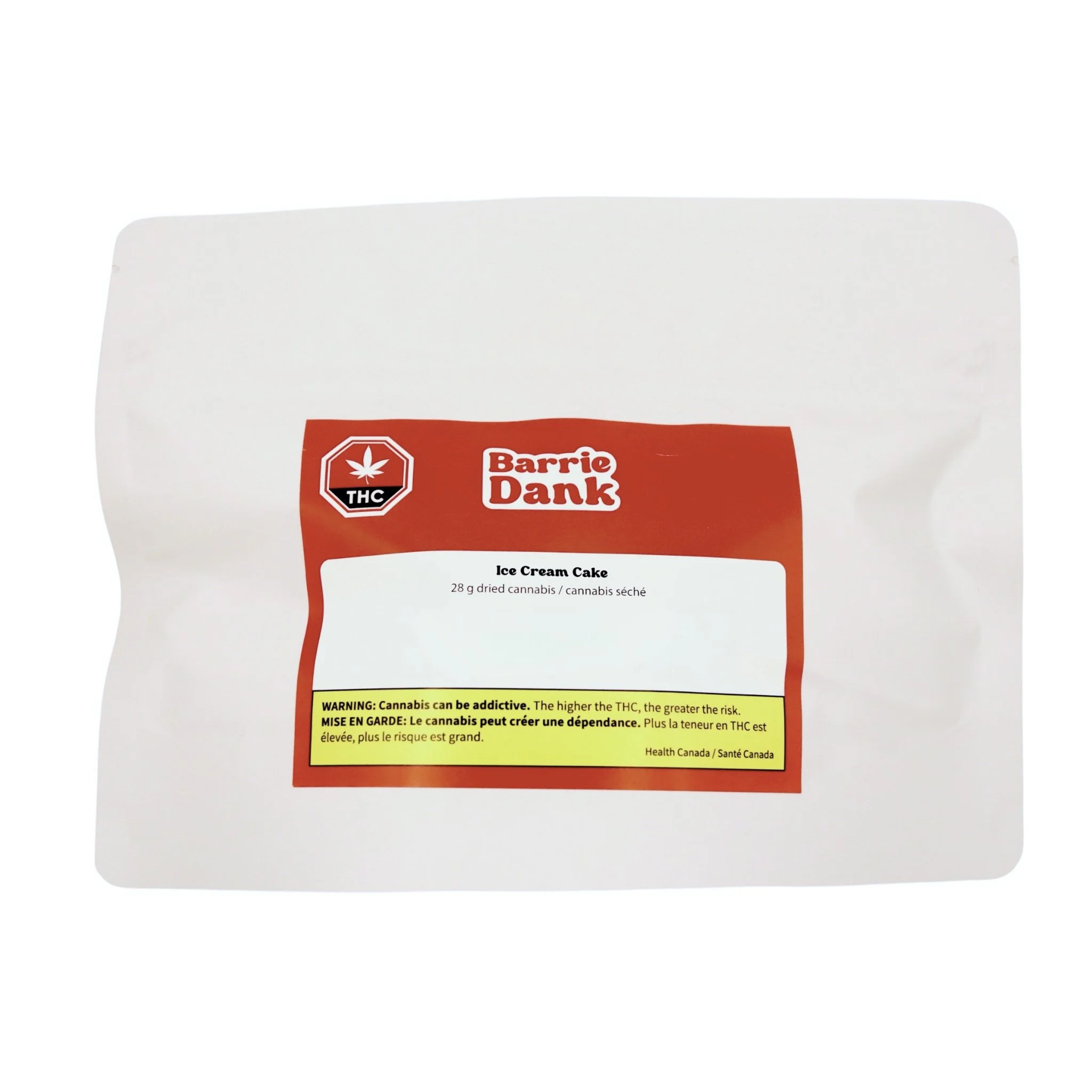 A white container of Barrie Dank ice cream cake with a red label displaying a cannabis warning and health advisories.