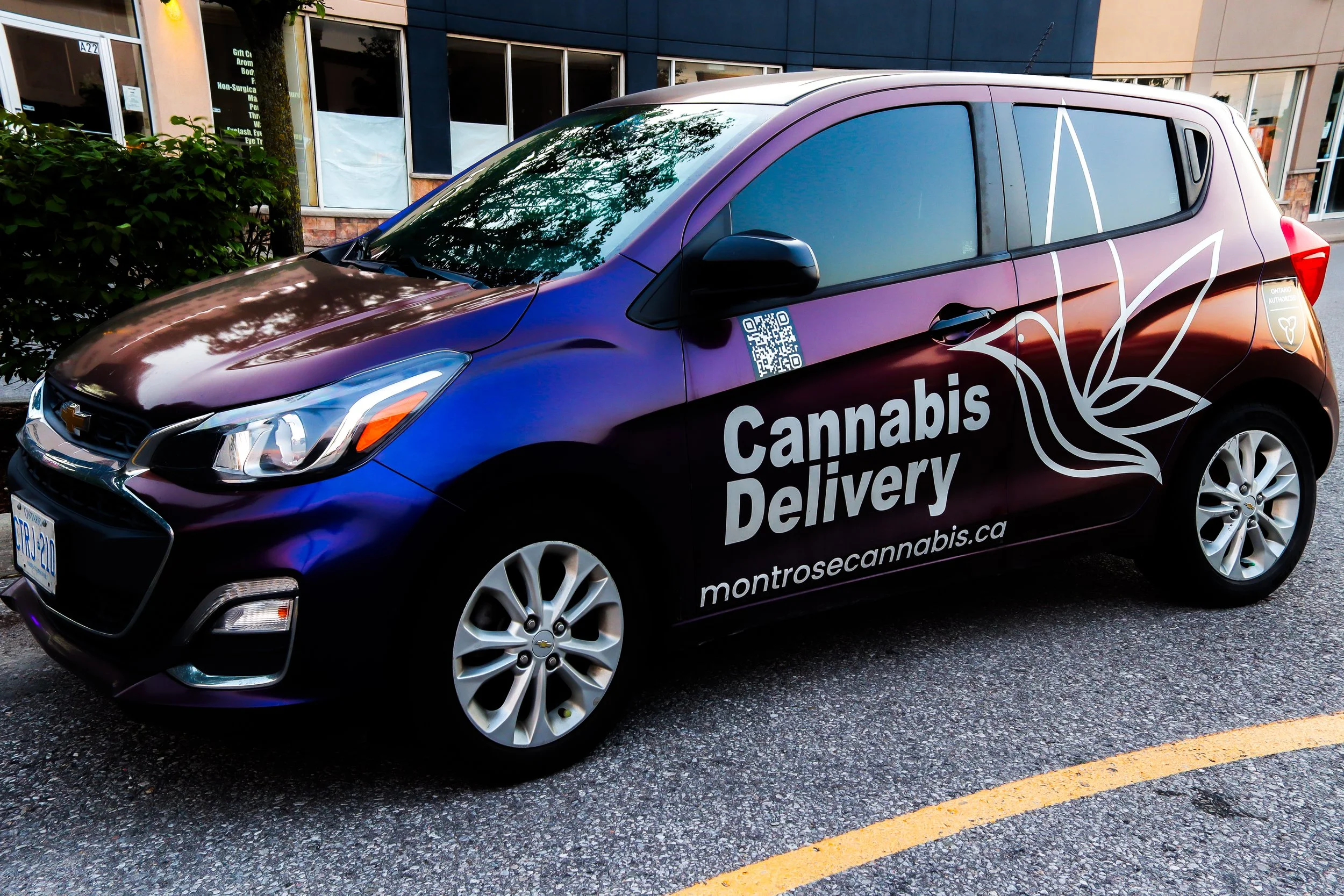 A small purple hatchback car with a white cannabis leaf design on the side, advertising cannabis delivery. The car has a QR code on the driver's side door and a website link, montrosecannabis.ca, at the bottom. The car is parked on a street next to a