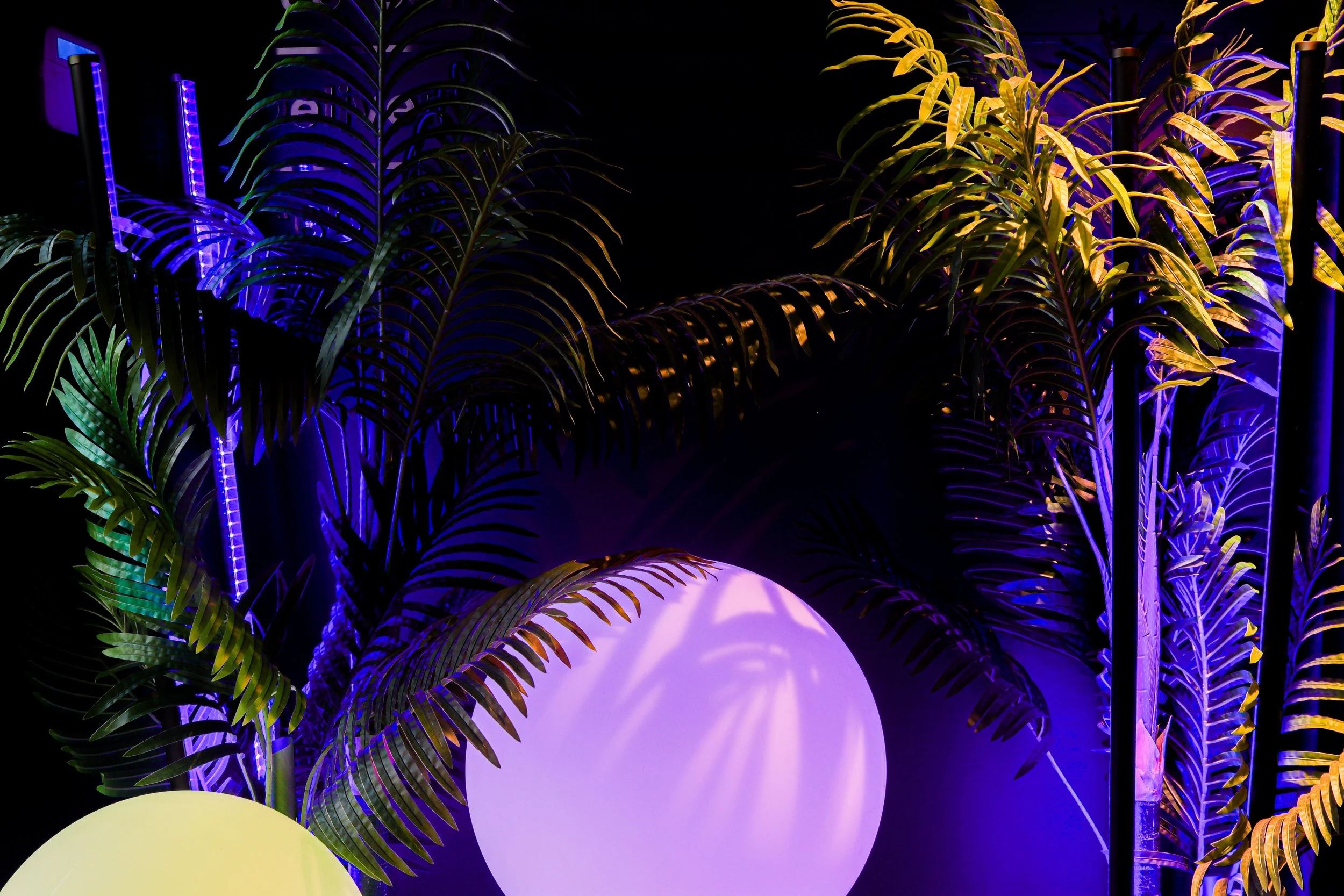 Decorative scene with yellow and green palm plants, illuminated by purple and yellow lights, with large glowing orbs and light poles.