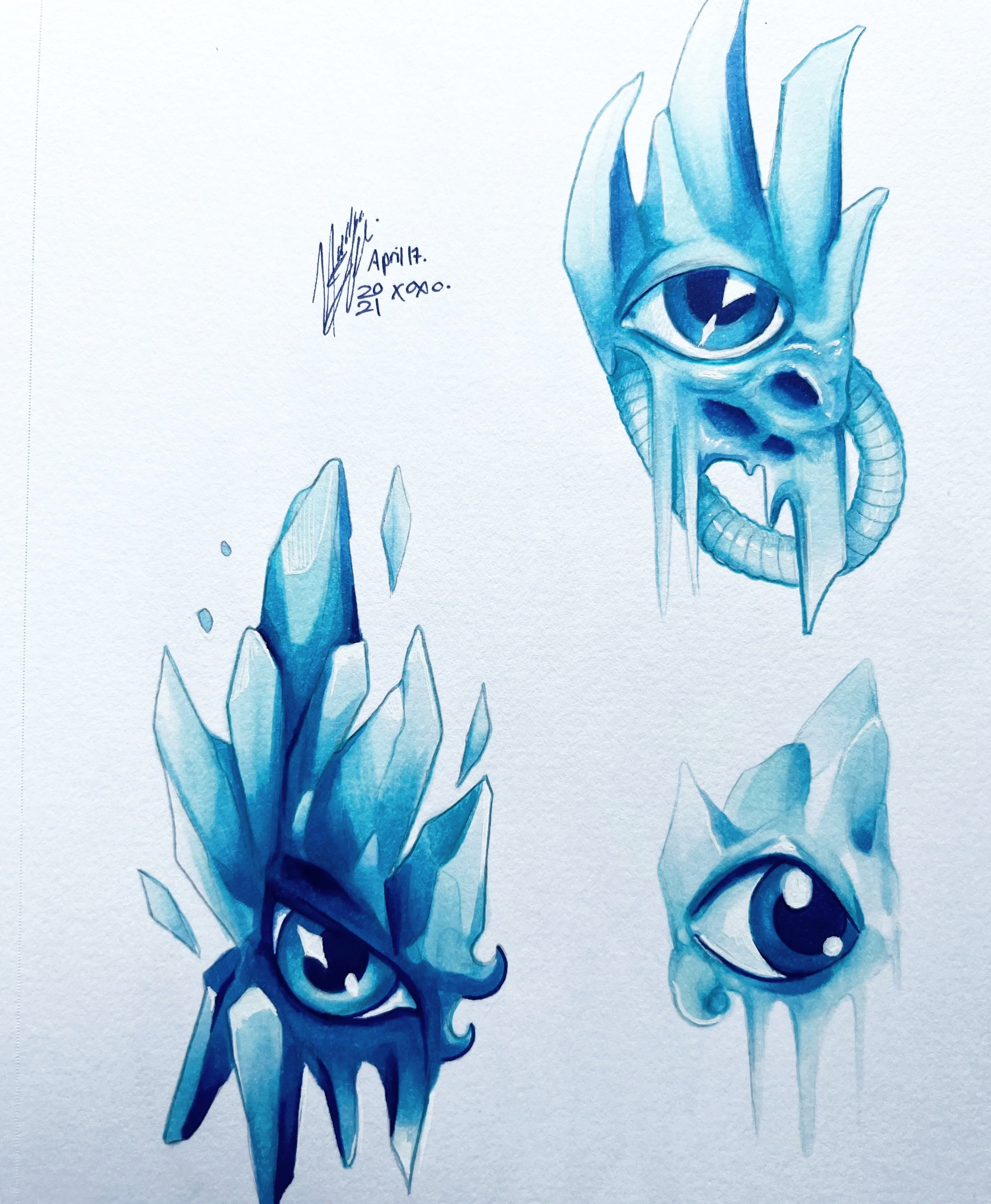 A watercolor painting of blue ice formations with two large, stylized eyes with pupils, surrounded by abstract icy shapes and blue shading.