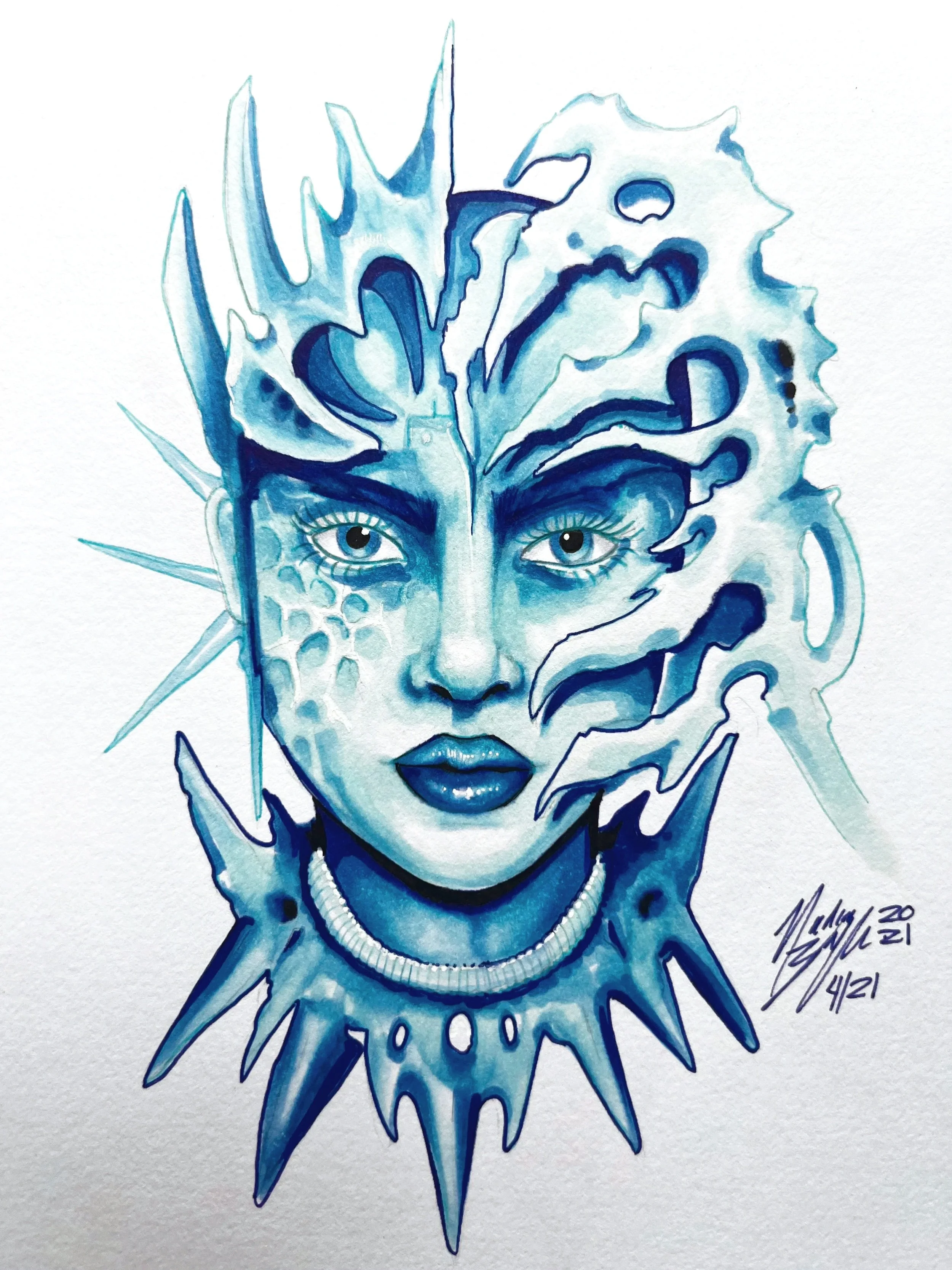 Watercolor painting of a woman's face with abstract icy blue and white shapes resembling snow or ice surrounding her head, detailed eyes, and lips, with a signature and date in the bottom right corner.
