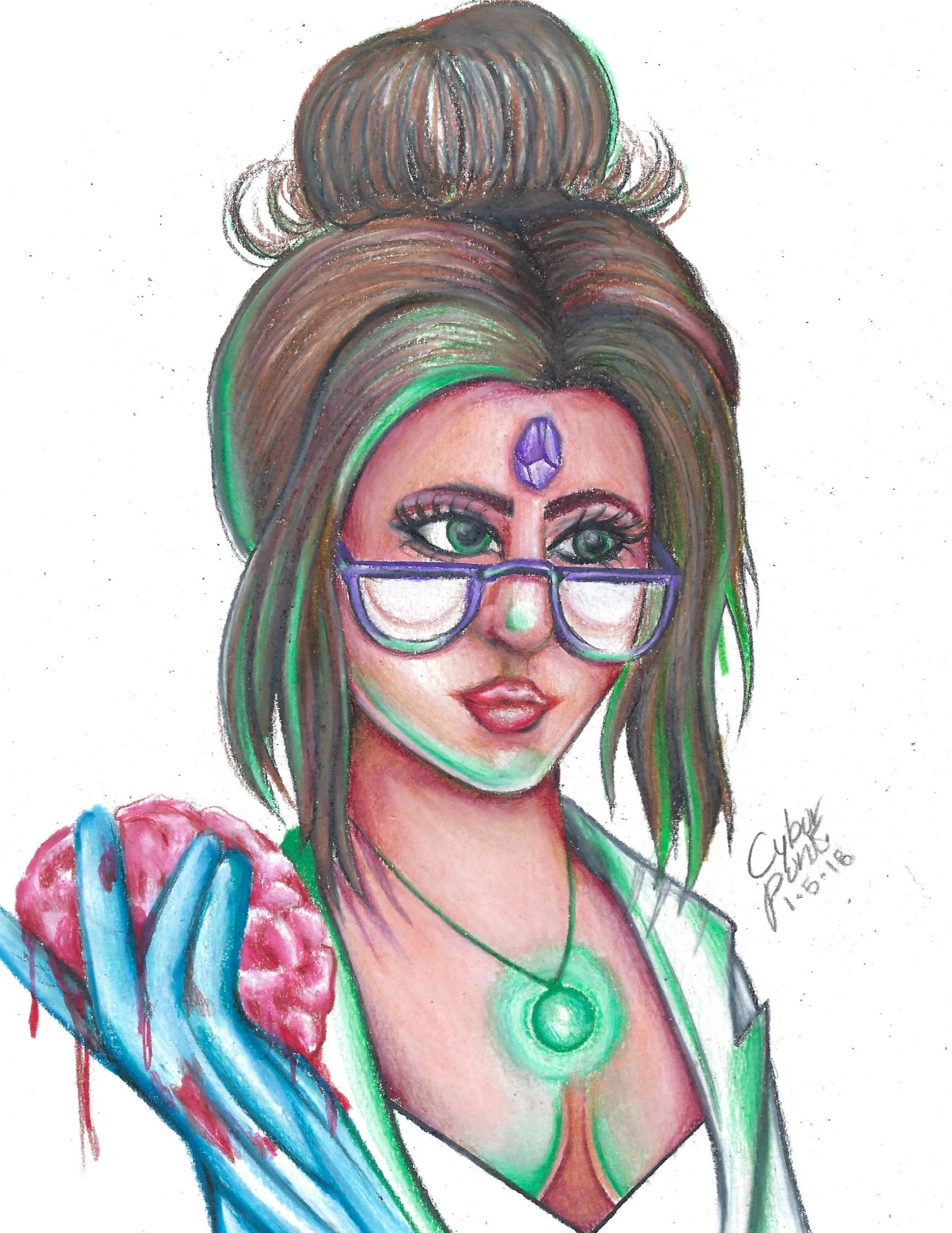 A colorful drawing of a woman with glasses, a gemstone on her forehead, holding a brain with a bleeding heart, with a glowing necklace and distinctive makeup.