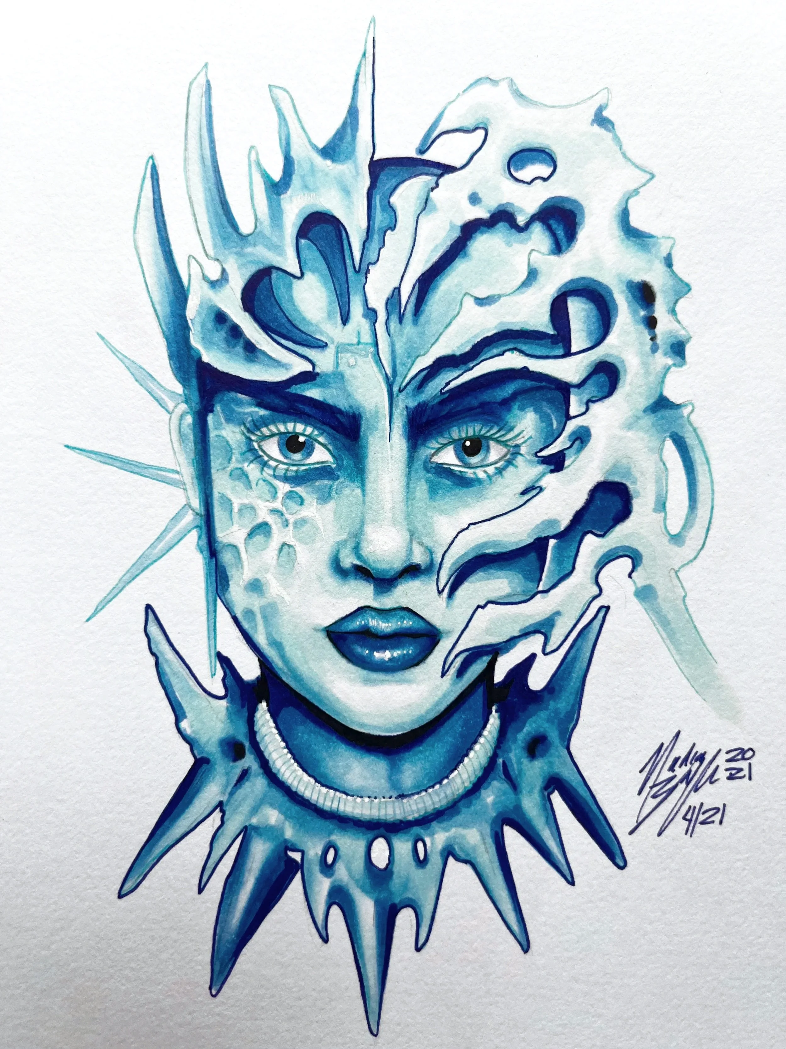A watercolor painting of a woman's face with icy blue and white tones, surrounded by jagged, ice-like shapes and spikes, wearing a spiky necklace.