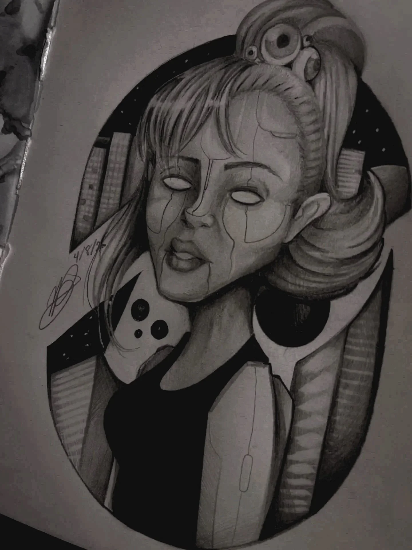 Black and white artwork of a girl with long hair, wearing headphones, with a thoughtful expression, surrounded by circular and abstract elements.