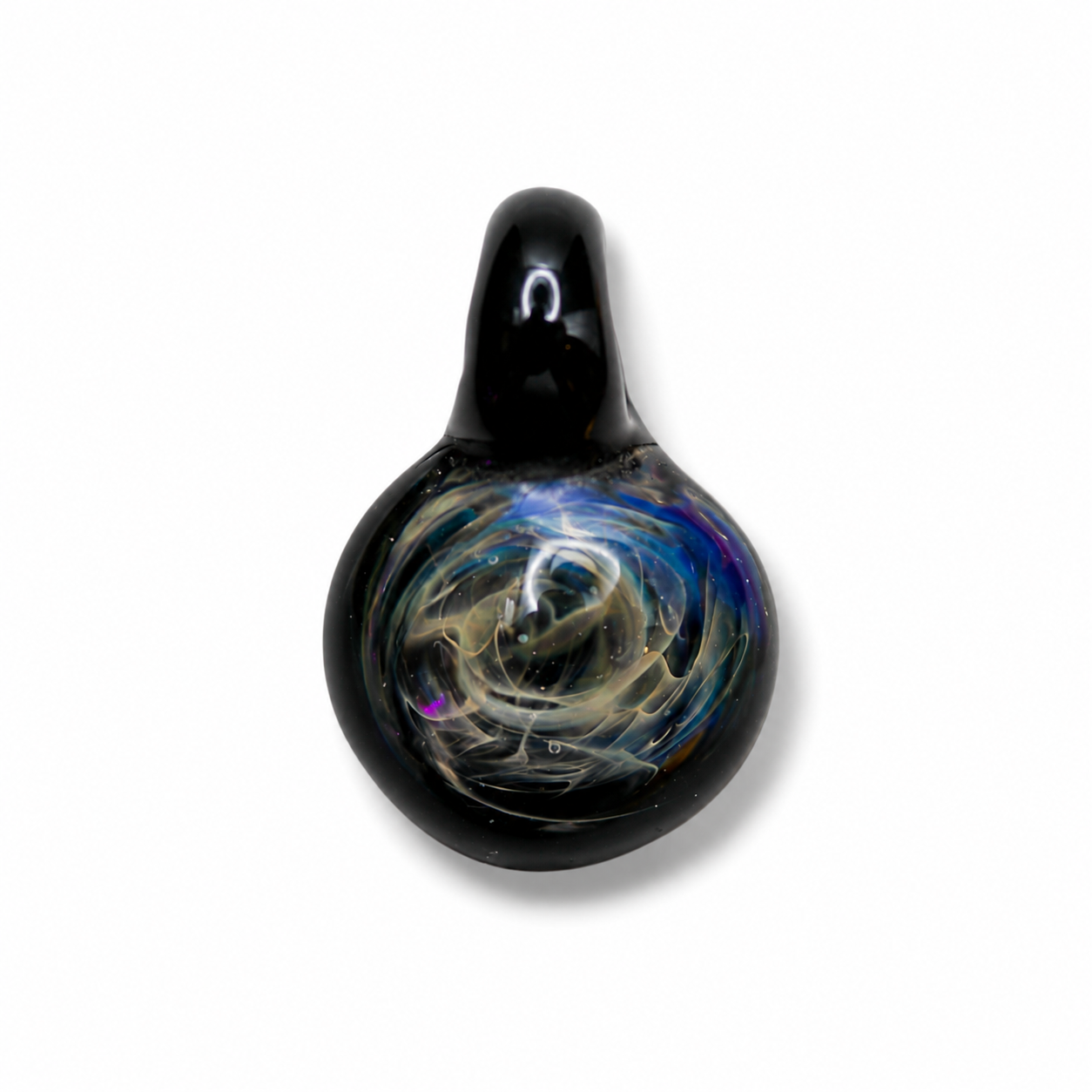 Black glass pendant with swirling colorful patterns inside.