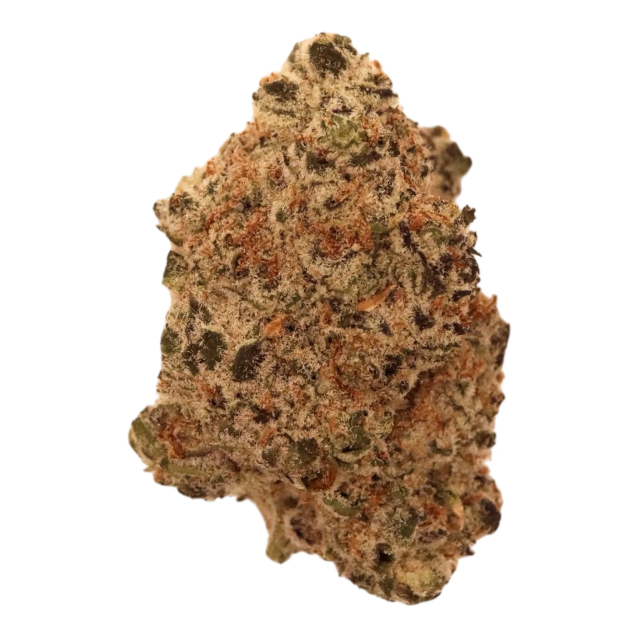 A close-up photograph of a cannabis bud with green, orange, and purple hues and trichomes covering its surface.