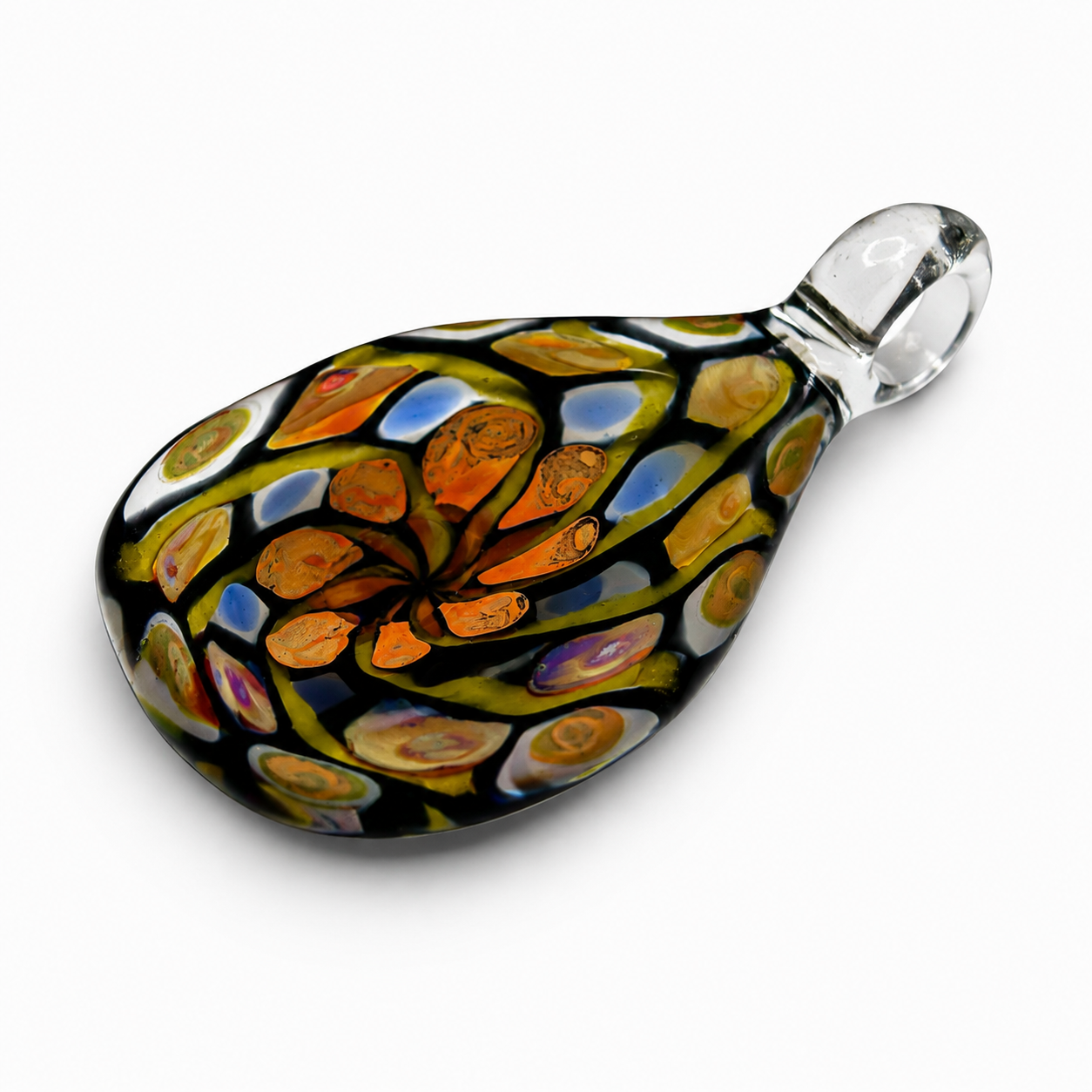 Colorful glass pendant with abstract patterns in orange, blue, yellow, and purple on a white background.