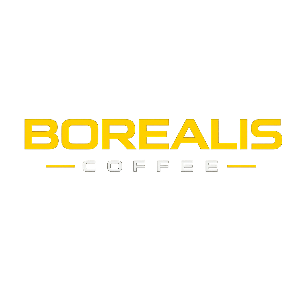 Logo with yellow text saying 'BOREALIS' and smaller white text below saying 'COFFEE' on a black background.