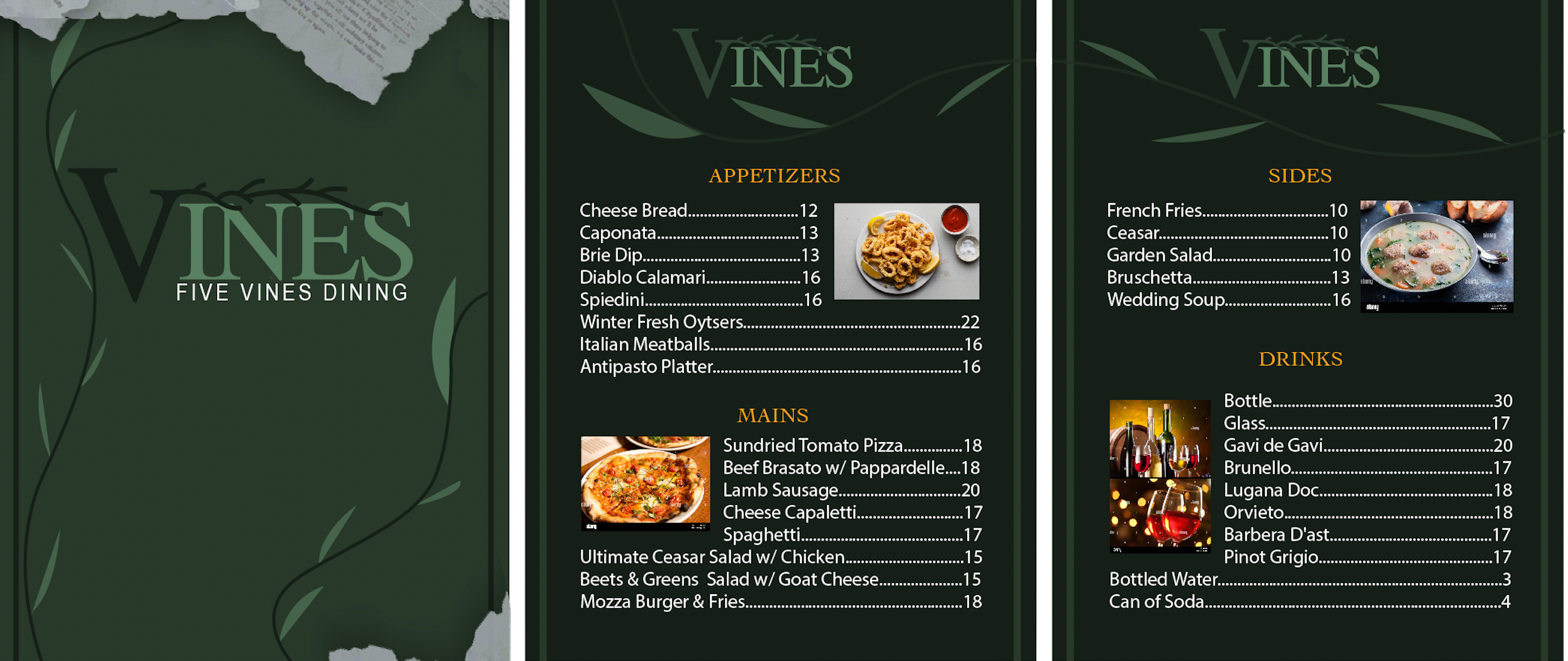 Restaurant menu for Five Vines Dining, featuring sections for Appetizers, Mains, Sides, Drinks, with menu item prices and small images of some dishes and drinks.
