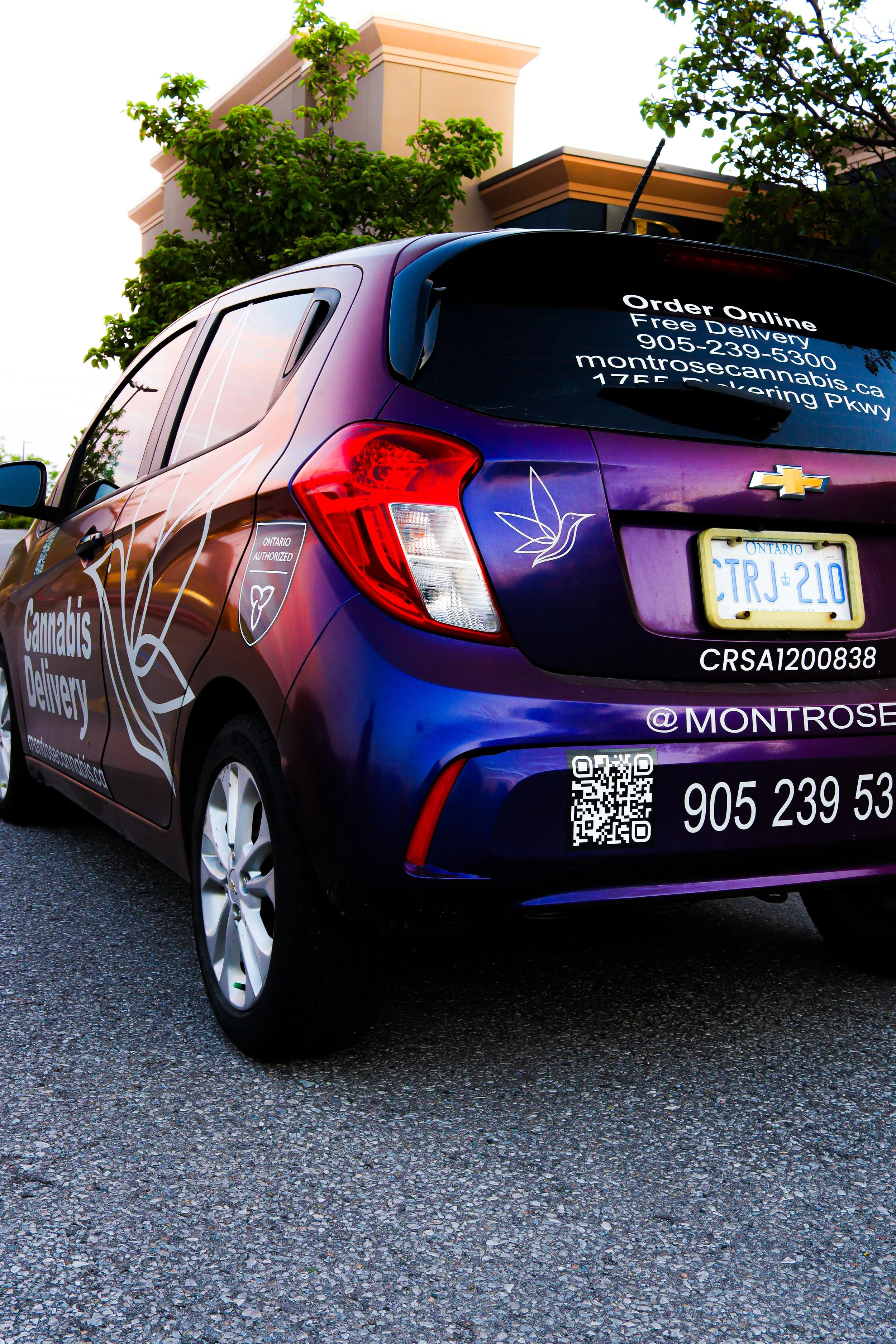 A purple Chevrolet Spark car with decals advertising cannabis delivery, including a bird and leaf logo, license plate CTRJ 210, parked on a street with trees and a beige building in the background.