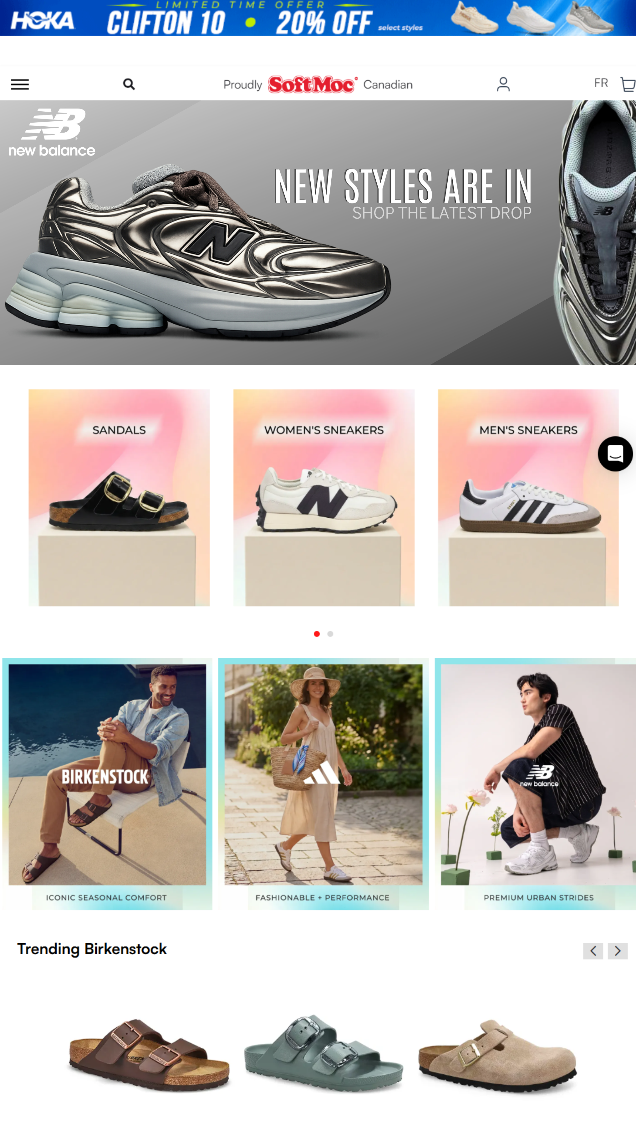 Website homepage showing new balance sneakers, with various styles including sandals, women's sneakers, and men's sneakers, and promotional banners for sales and featured collections.