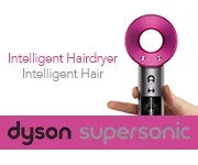 A Dyson Supersonic hair dryer display with pink and black design, showing the tagline 'Intelligent Hairdryer' and branding.