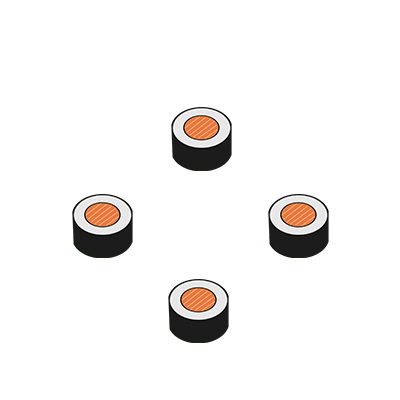 A digital illustration of four sushi rolls arranged in a diamond shape.