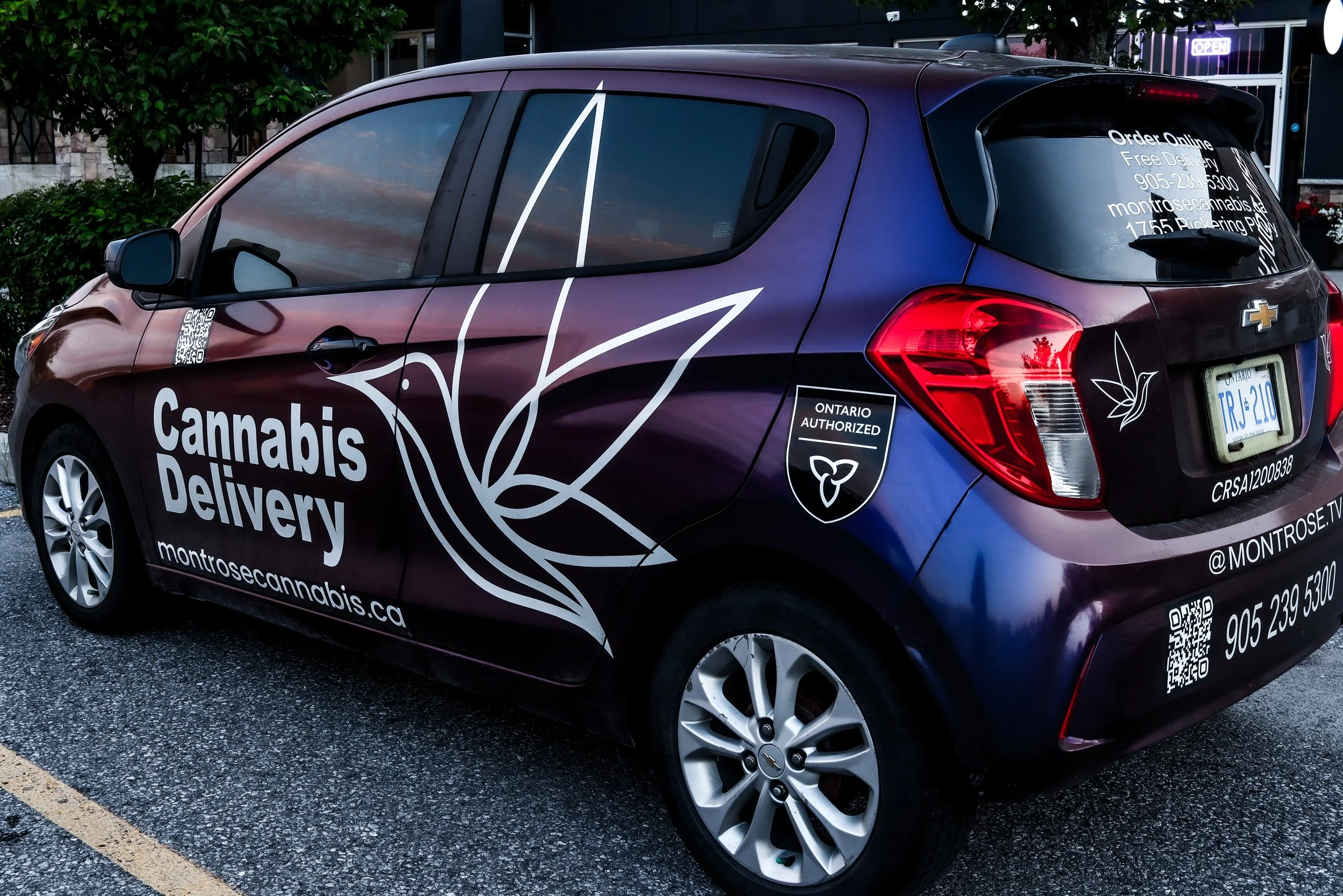 Purple and black vehicle with cannabis delivery logo and branding, including a leaf graphic, QR code, website, and contact information for a cannabis delivery service in Ontario.