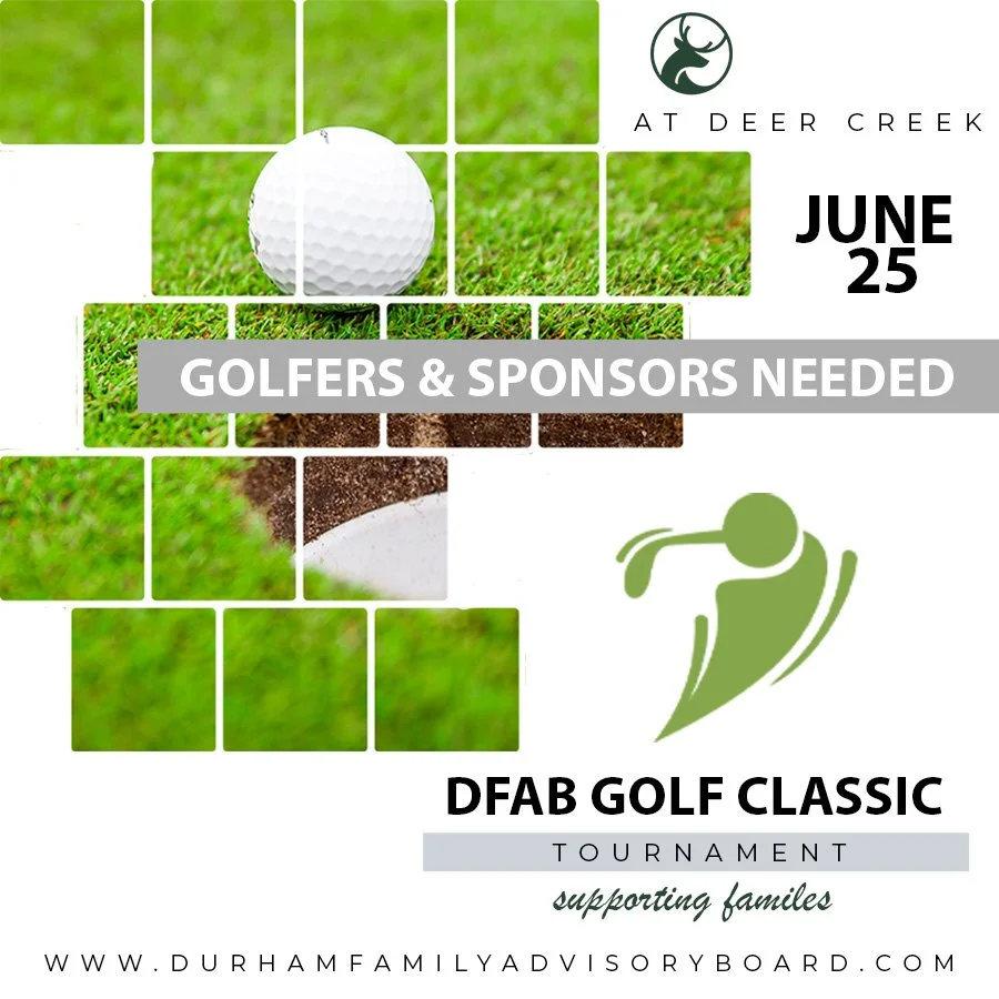 Promotional flyer for the DFAB Golf Classic tournament on June 25 at Deer Creek, seeking golfers and sponsors. Features a golf ball on grass, a stylized golfer silhouette, and the Deer Creek logo.