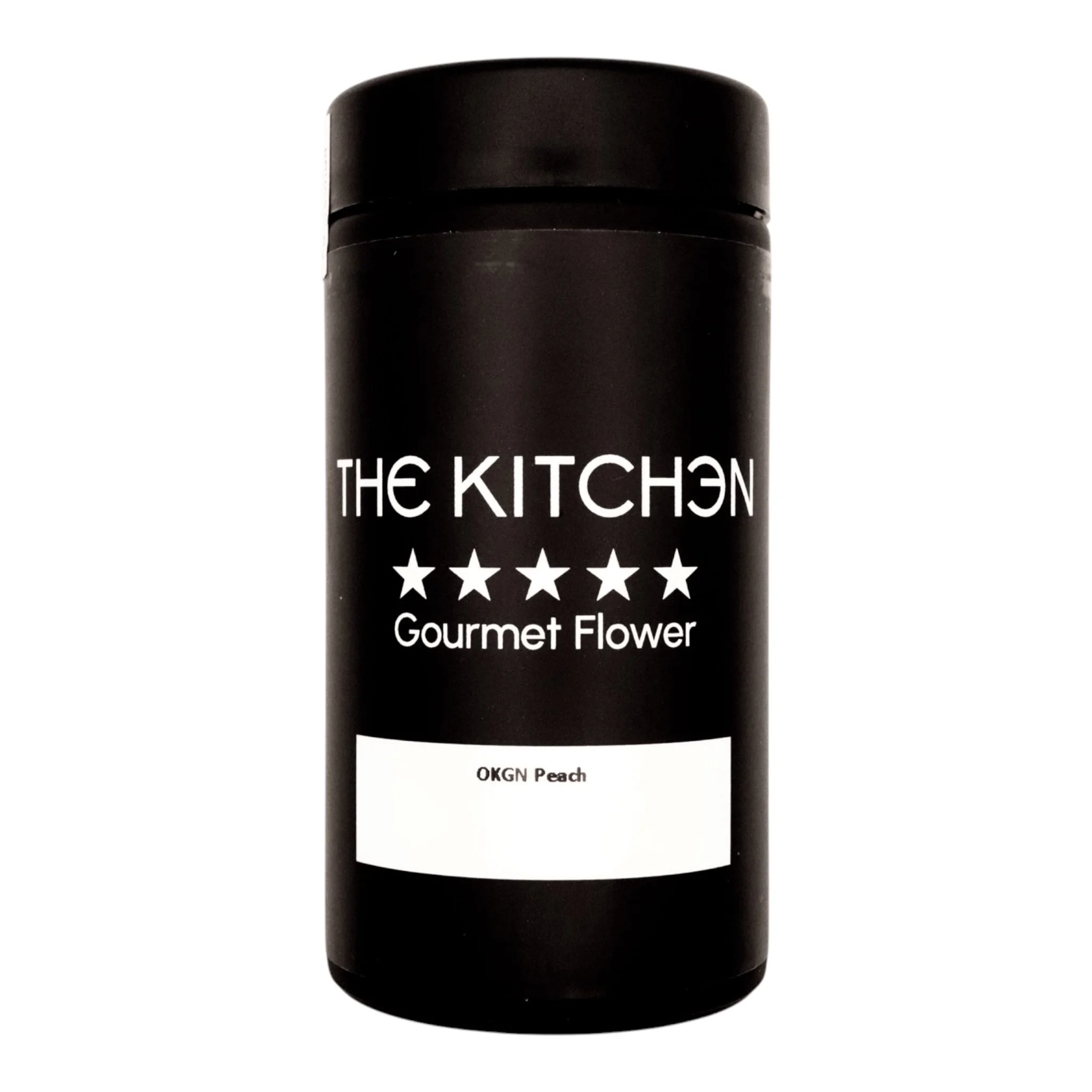 Black cylindrical container labeled 'The Kitchen Gourmet Flower OKGN Peach' with white text and star design.