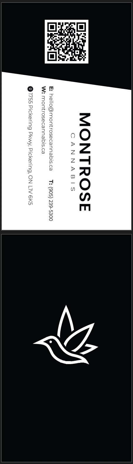 Business card for Montrose Cannabis with a leaf and hummingbird logo, contact details, and a QR code.