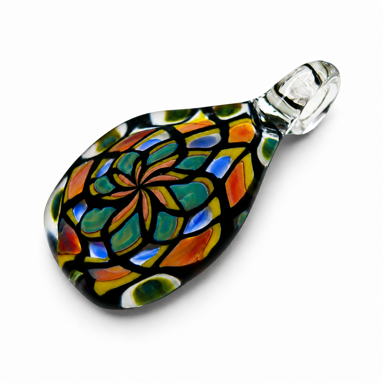 Colorful glass pendant with a stained glass flower design, featuring orange, yellow, green, and blue hues.