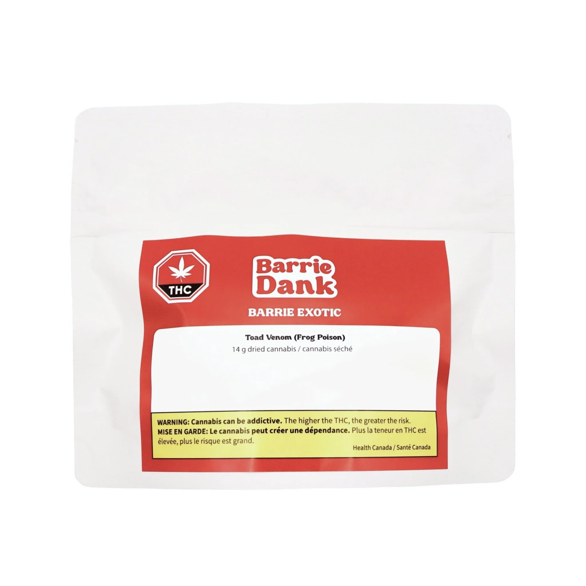 Package of cannabis labeled Barrie Dank with a THC warning and caution about addiction.