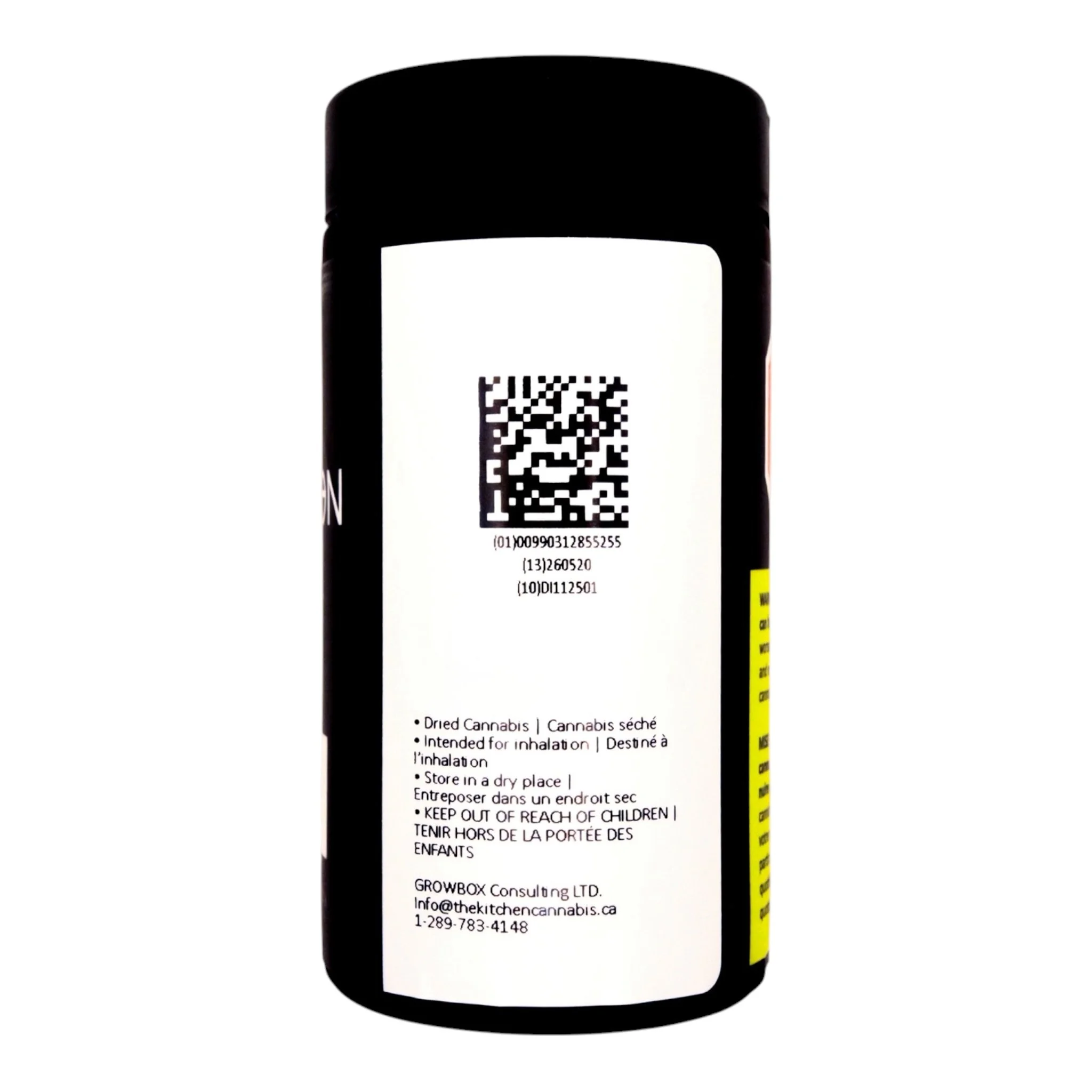 A bottle label with black, white, and yellow colors, containing text about dried cannabis, storage instructions, and contact information for Growbox Consulting LTD.