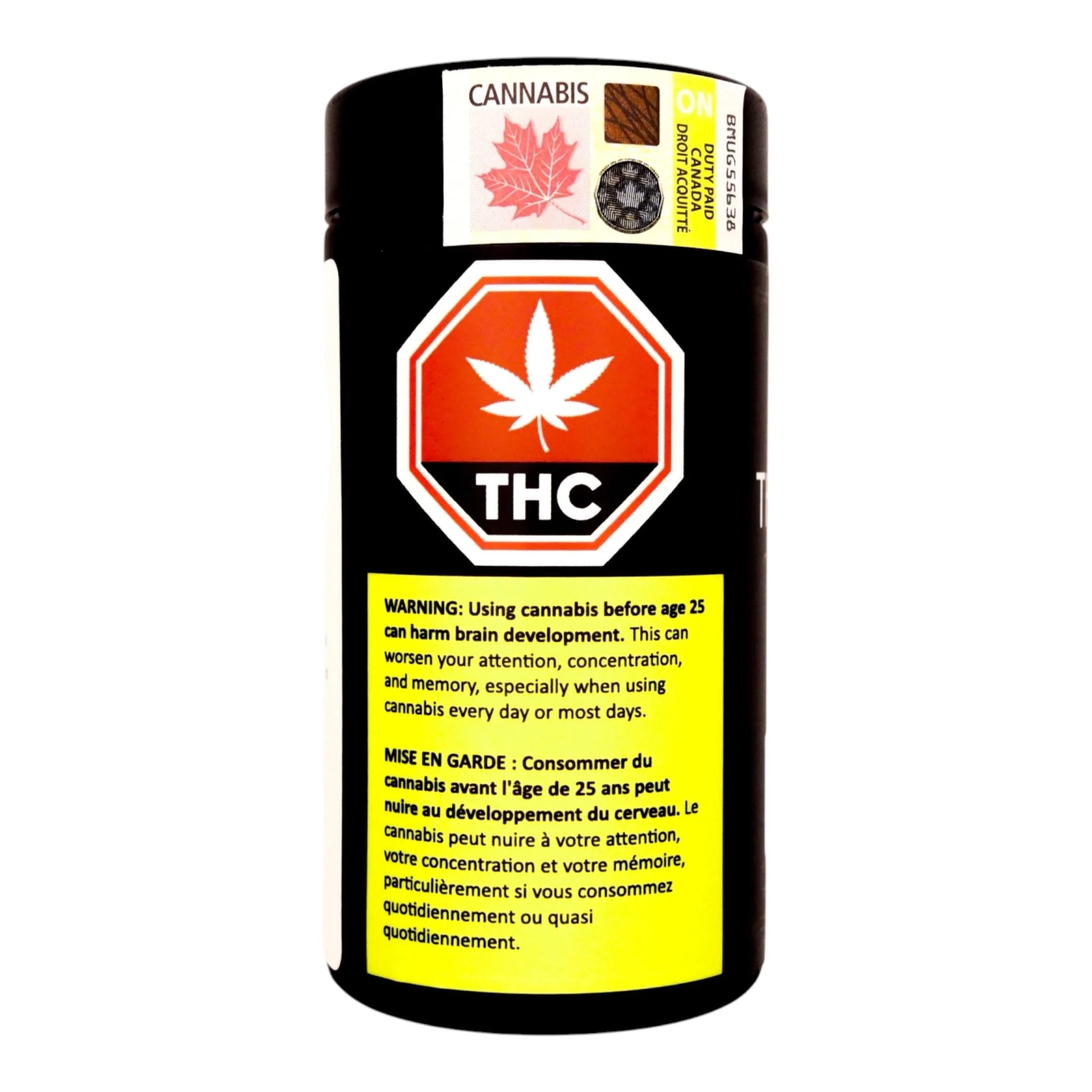 A black container with a warning label about cannabis and THC, including a red cannabis leaf symbol, a brown square, and a yellow warning section in English and French.