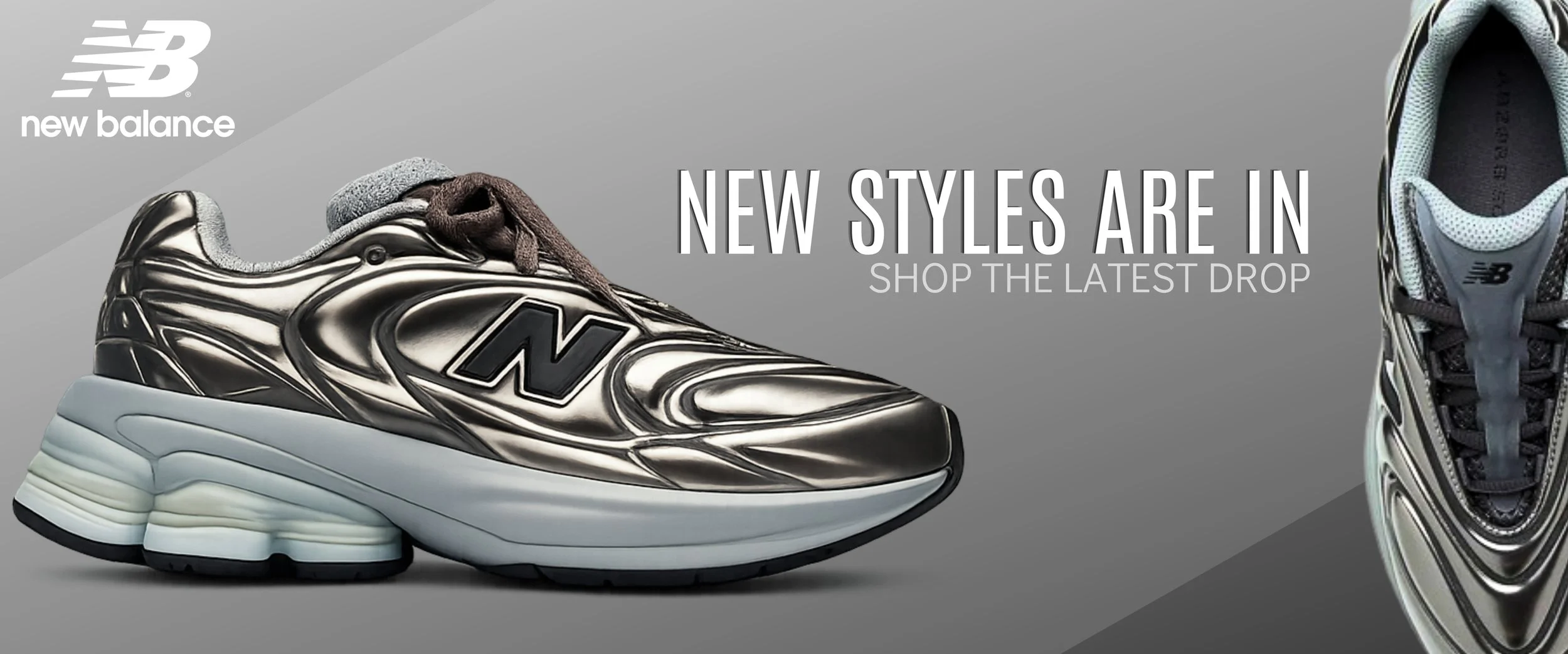 Image of a Nike sneaker with a black and white swirling pattern, a prominent black 'N' logo on the side, and the words 'new balance' in the top left corner. The text 'NEW STYLES ARE IN' and 'SHOP THE LATEST DROP' are displayed on the right side of the image.