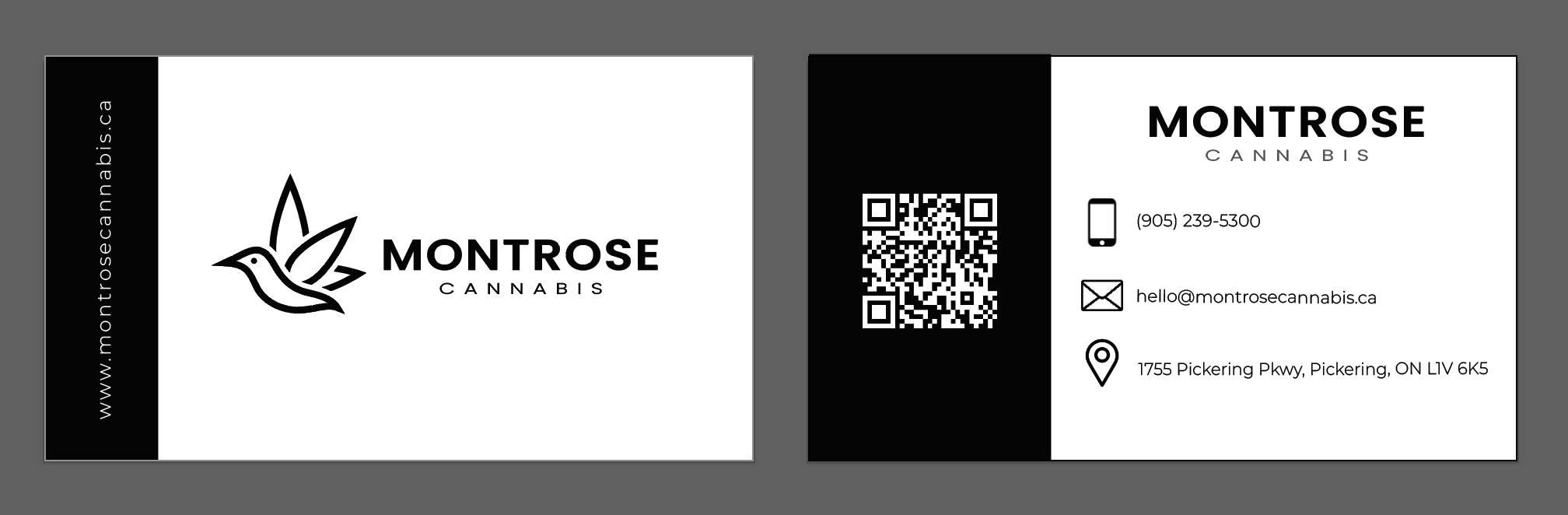 Business card for Montrose Cannabis featuring a bird logo, website URL, a QR code, and contact information including phone number, email, and physical address.