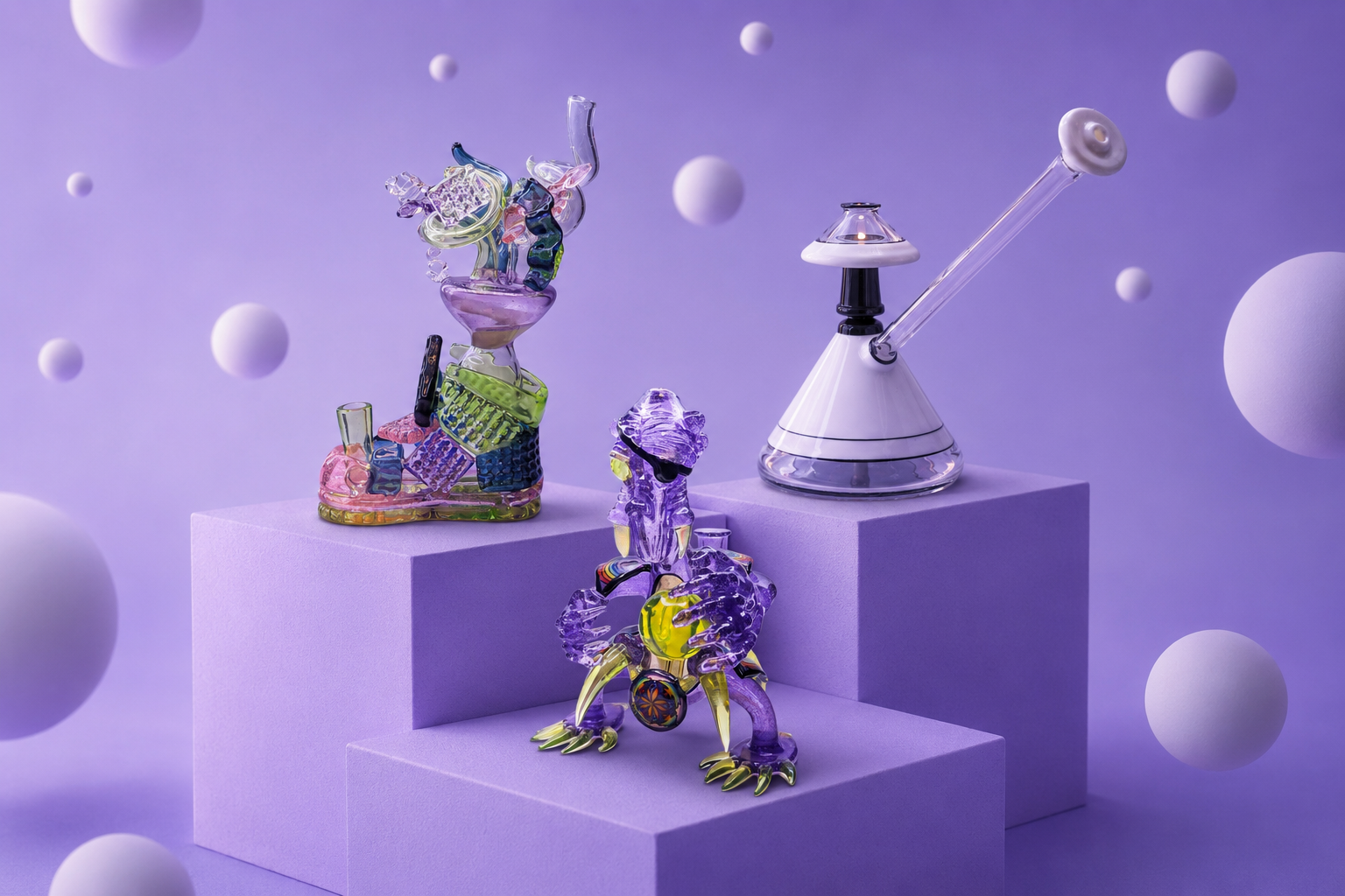Glass art sculptures of a colorful abstract structure, a lion figure, and a futuristic cone-shaped object with an arm extending from the top. Set on purple pedestals against a purple background with floating white spheres.