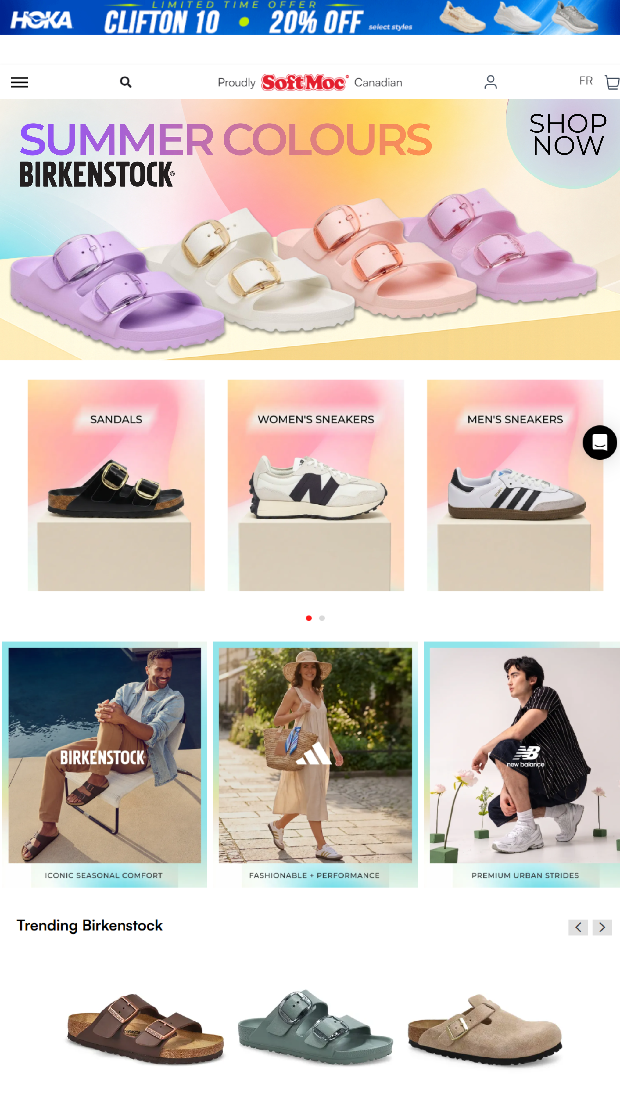 A webpage showing summer footwear and clothing, including pastel-colored sandals with large buckles, and various sneakers and casual shoes for men and women, with promotional banners and fashion images.