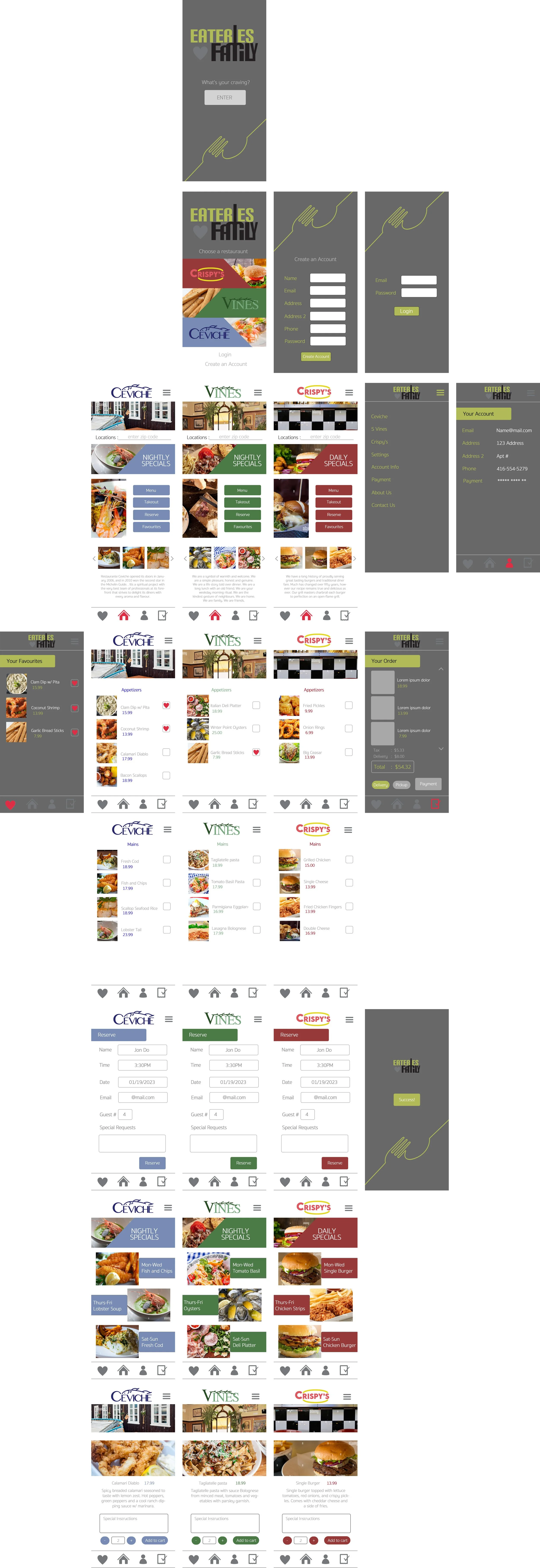 A collage of mobile app screenshots and a website interface for a food delivery service called 'Eaters Family,' featuring sections for locations, menu categories, meal options, and order placement.