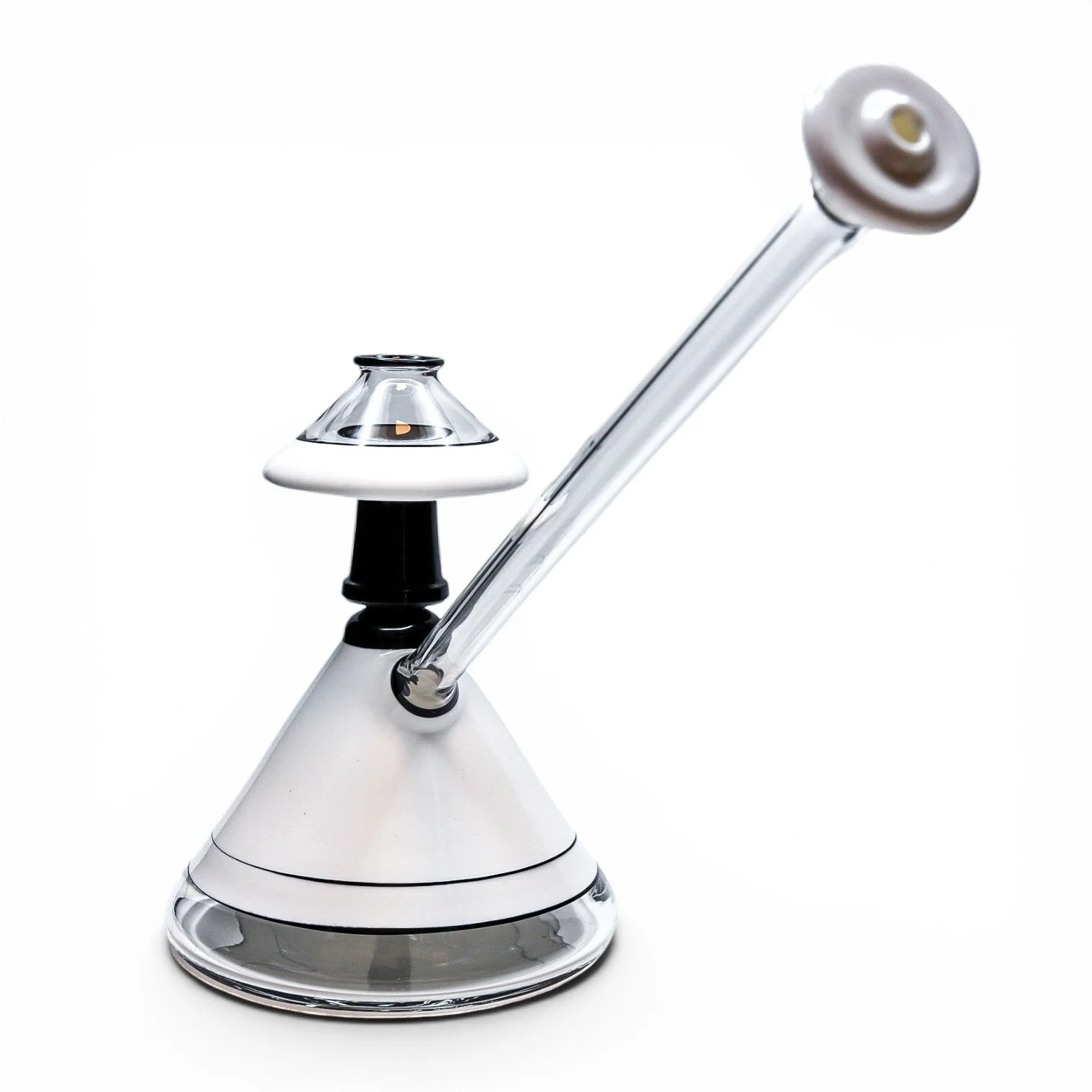 Glass water pipe or bong with a white base and a clear adjustable arm, set against a white background.