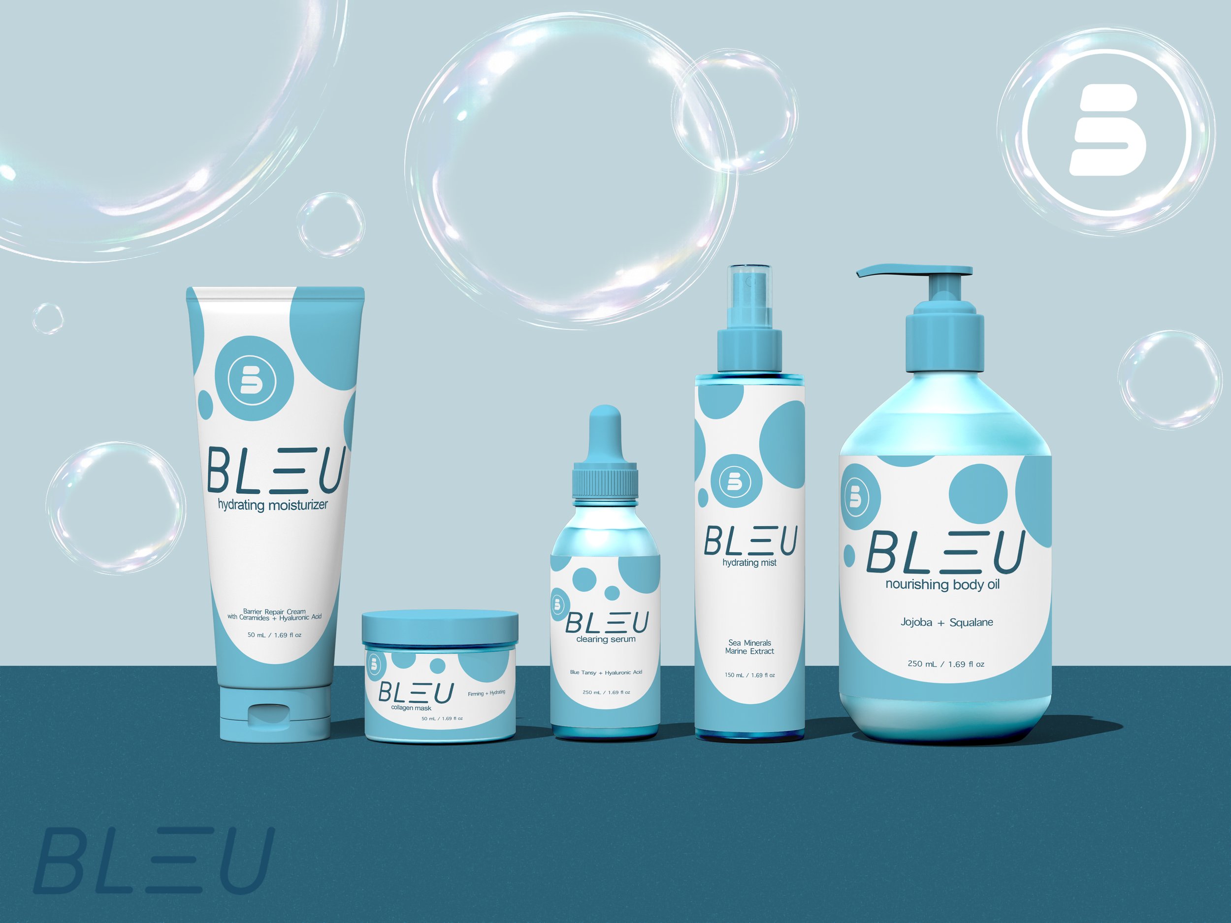 A collection of blue and white skincare and beauty products labeled 'BLEU' on a dark blue surface, with bubbles floating in the background.