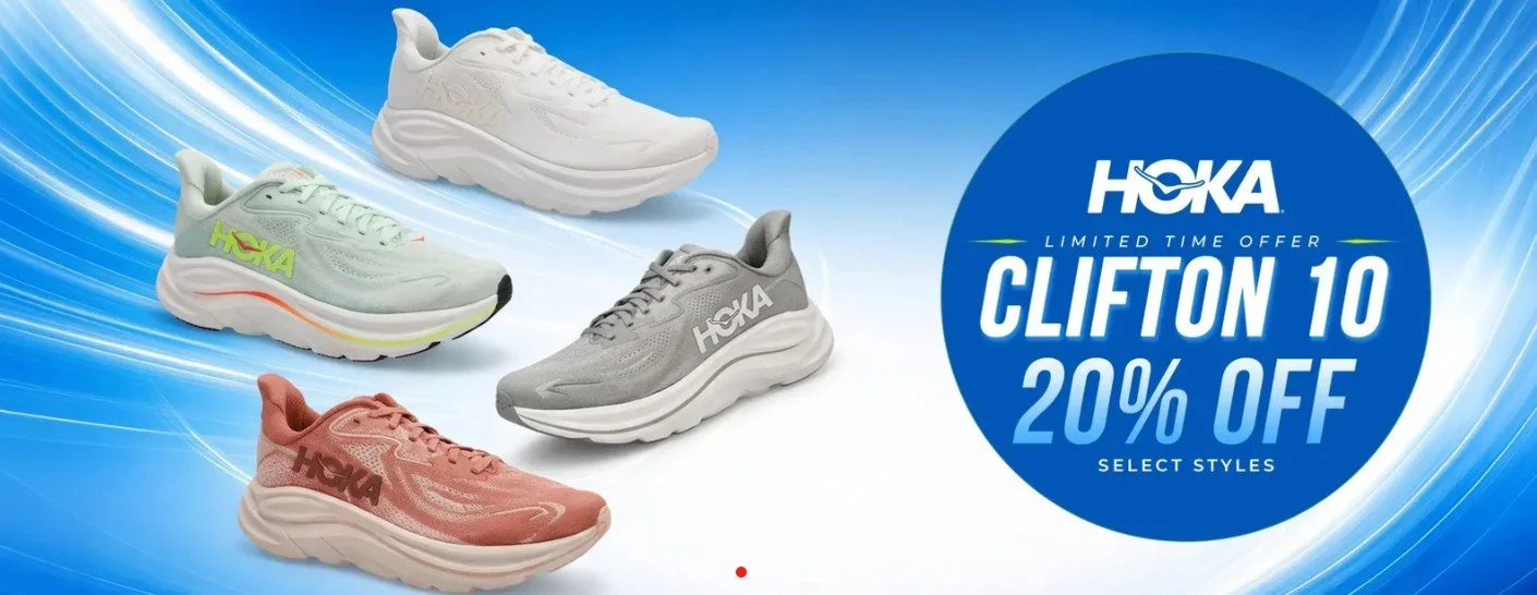 Four pairs of Hoka athletic shoes in white, mint green, gray, and pink displayed against a blue and white swirling background with promotional text for a limited-time 20% off sale.
