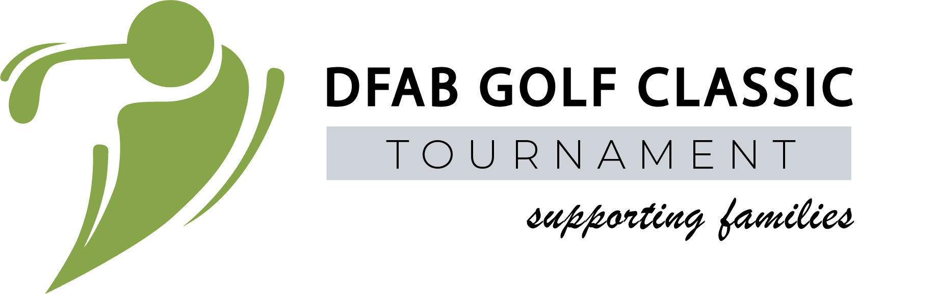Logo with a stylized green golfer silhouette swinging a club, and the word "TOURNAMENT" in black capital letters on a gray background.