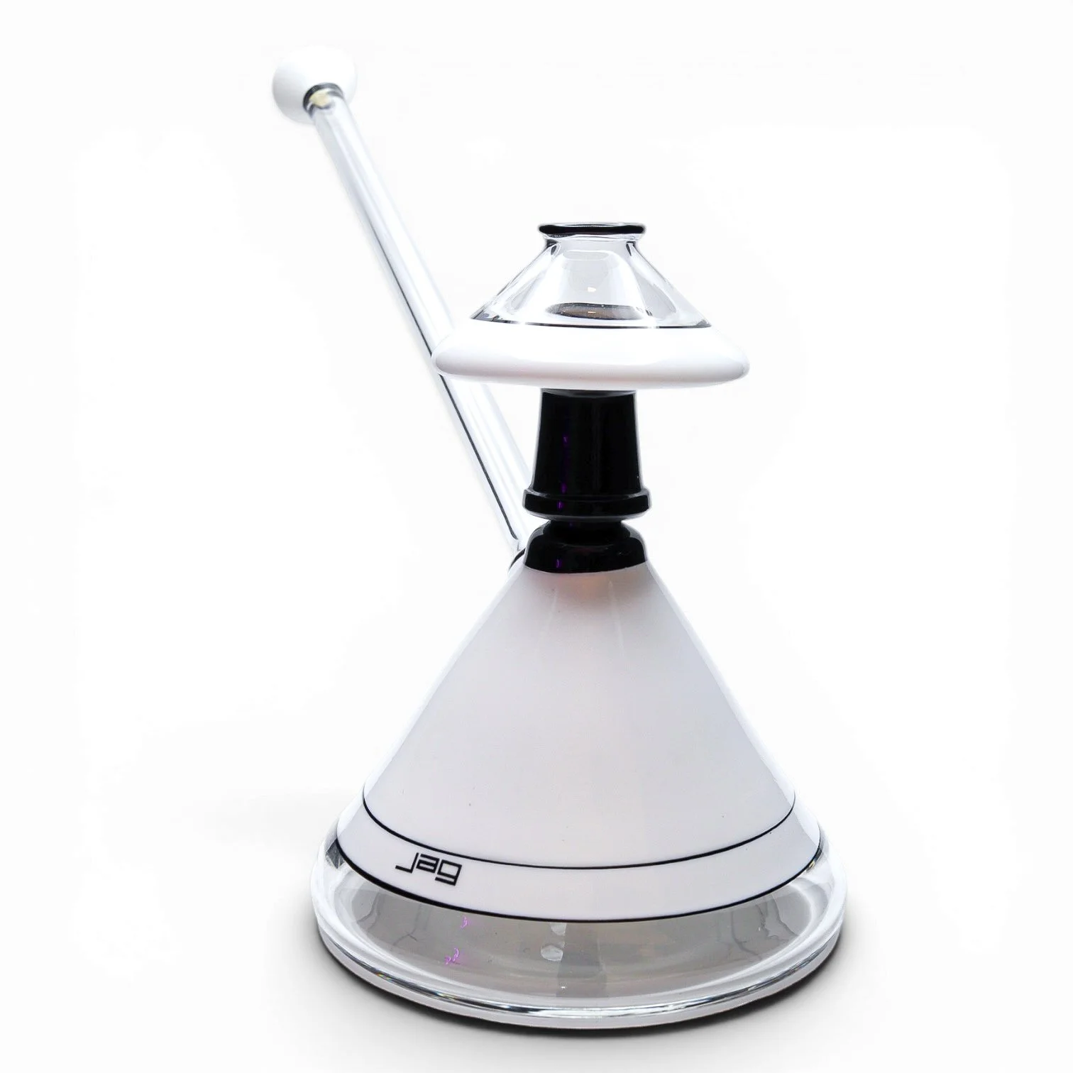 A modern, sleek desktop lamp with a conical white base, black accents, and an adjustable transparent arm with a circular light head, all on a white background.