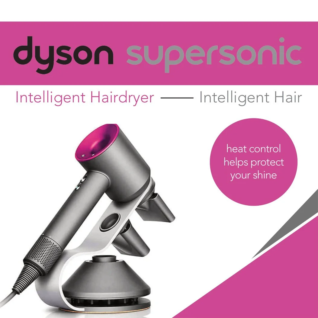 Packaging for a Dyson Supersonic hairdryer with purple, black, and gray design. The text highlights features like intelligent hair drying and heat control to protect shine.