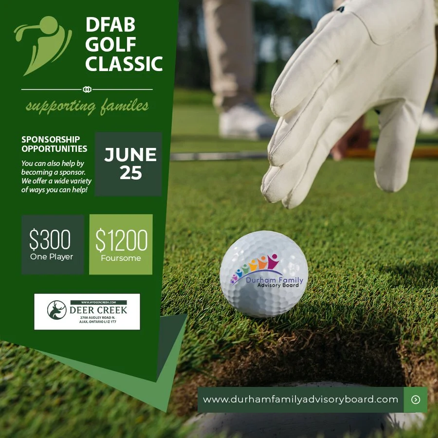 Poster for a golf event with a hand in a white golf glove about to hit a golf ball on a grassy field. The golf ball features a logo with colorful human figures and the text "Durham Family Advisory Board." The poster includes details about the Durham Family Advisory Board supporting families, sponsorship opportunities, event date June 25, and participation costs of $300 for one player or $1200 for foursome, with a website link www.durhamfamilyadvisoryboard.com.