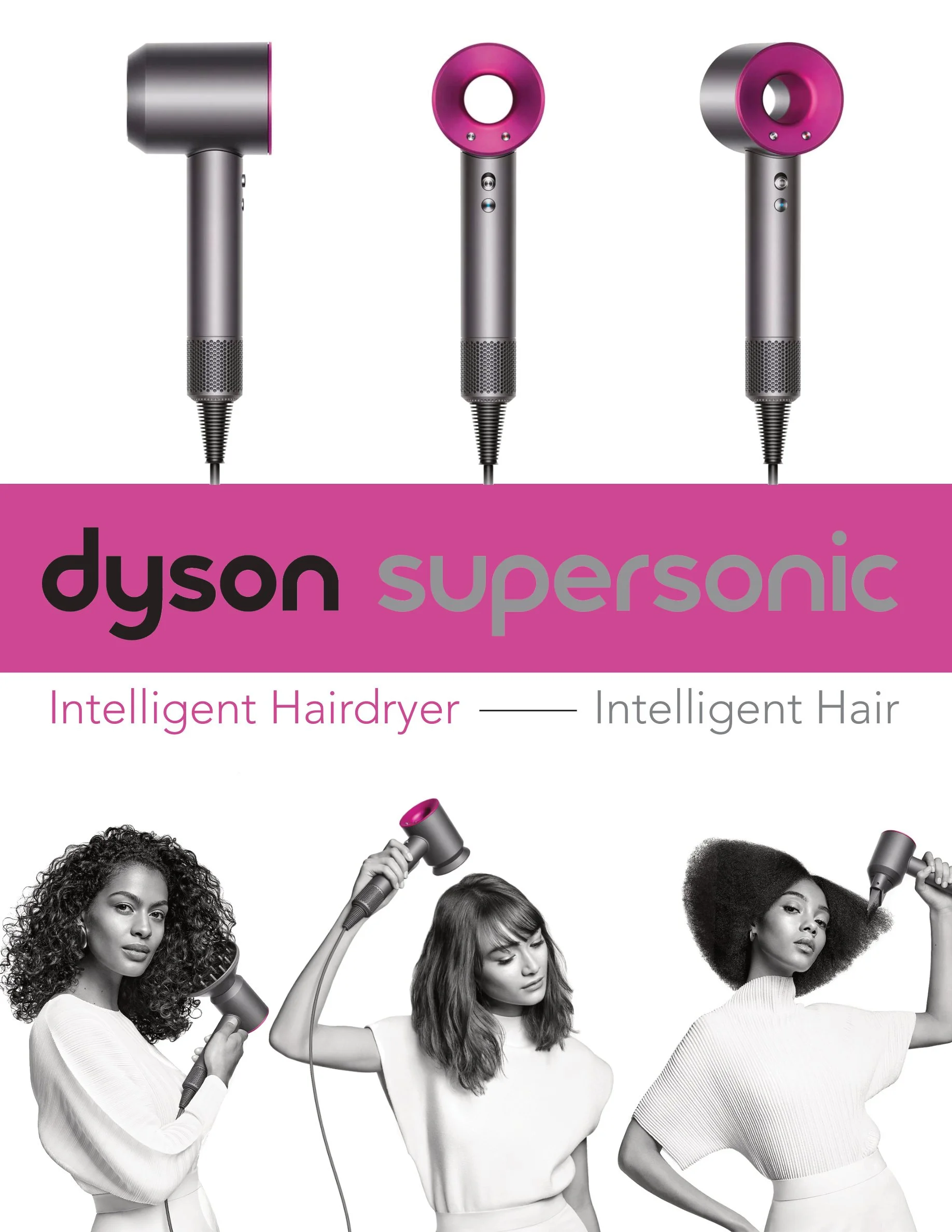 Black and white photo of three women holding hair drying tools, with a pink and gray advertisement for Dyson Supersonic hair dryers and text indicating they are intelligent hair dryers.