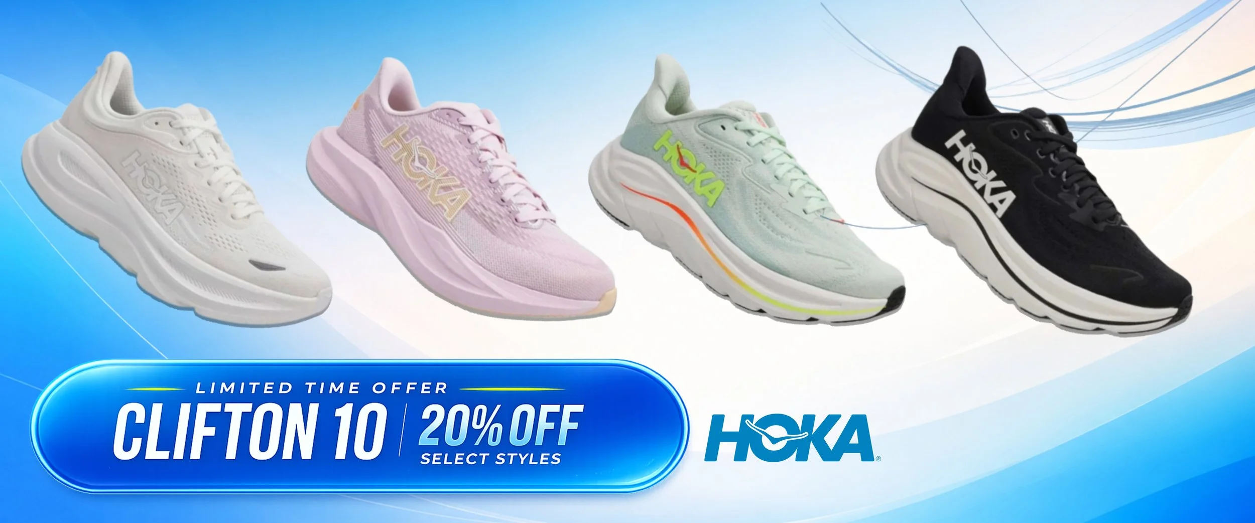 Four pairs of HOKA running shoes in different colors (white, pink, light green, black) displayed in a row on a promotional blue background with a limited time offer of 20% off on select styles.