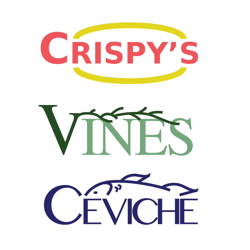 Logo for Crispy's Vines Céviche, featuring stylized text and vine illustrations in red, green, and blue.