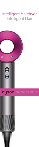 Dyson Supersonic hair dryer with purple and silver design, marketing text about intelligent hair dryer.