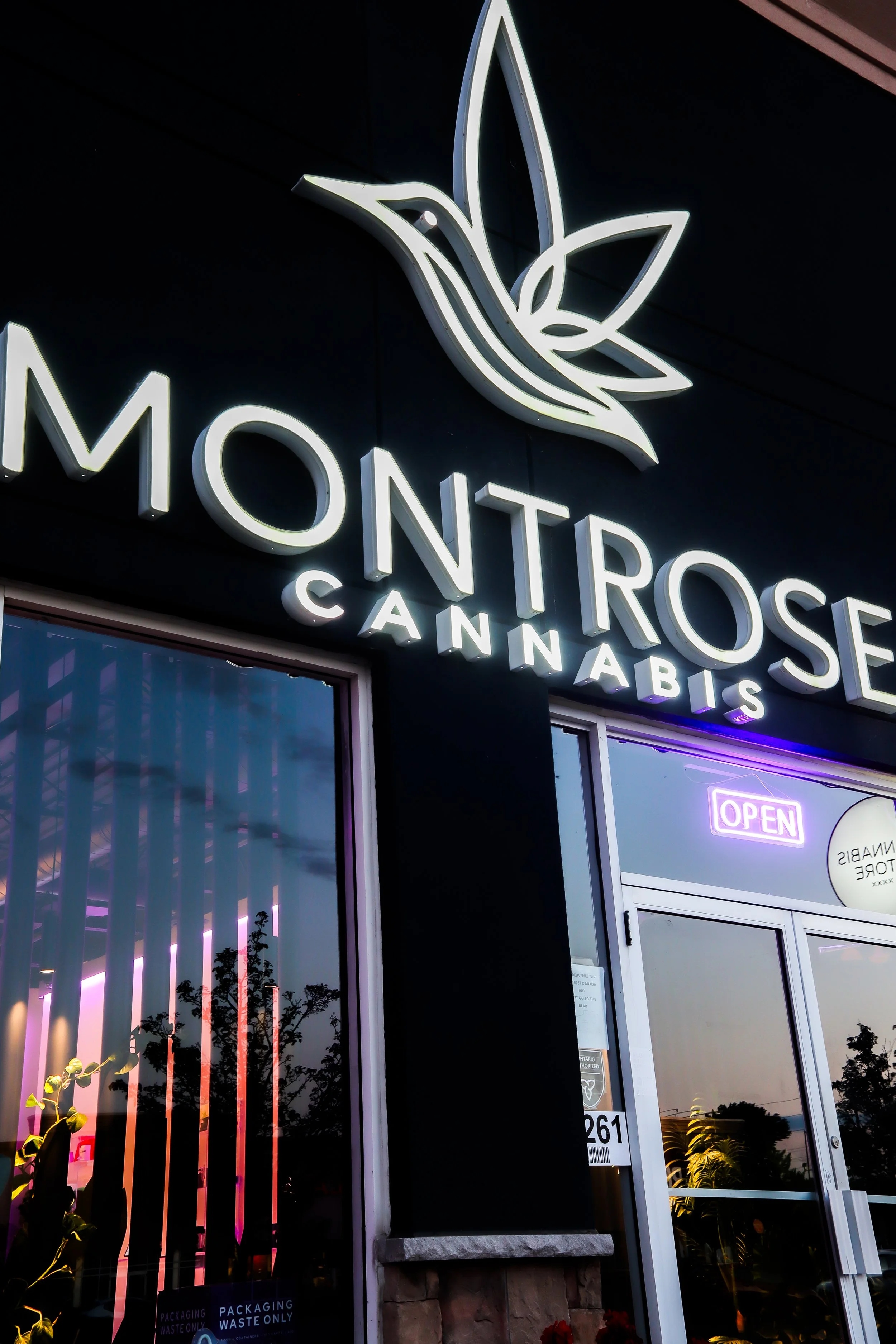 Neon sign reading 'Montr e9 Cannabis' with a stylized hummingbird logo, outside storefront with glass doors and windows, purple neon 'Open' sign, and plants inside