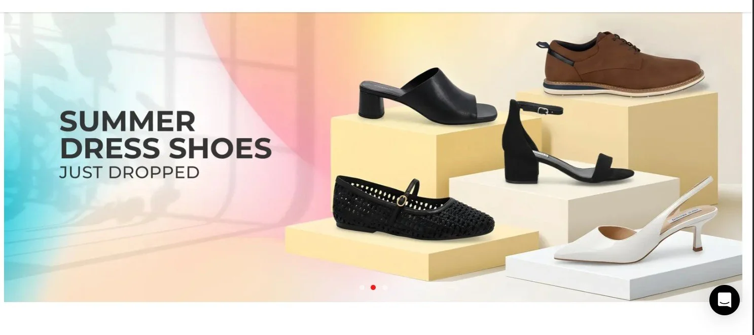Display of five different summer dress shoes on tiered platforms with text 'Summer Dress Shoes Just Dropped'