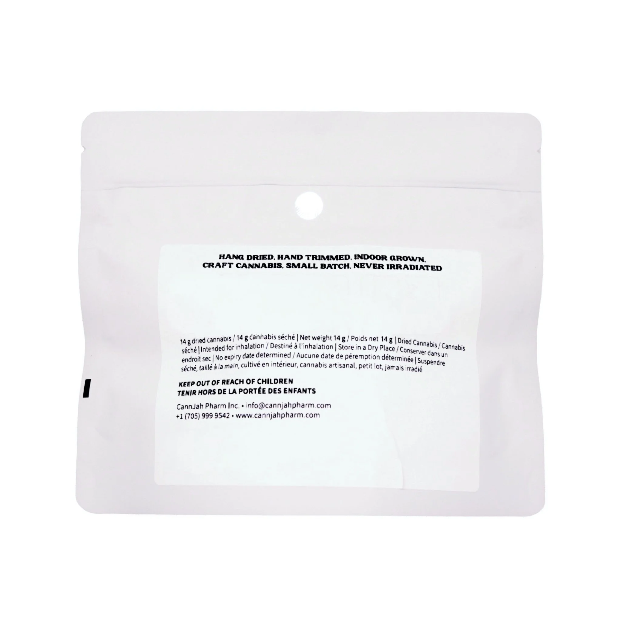 A plain white package with black text indicating it contains dried cannabis, 14 grams.