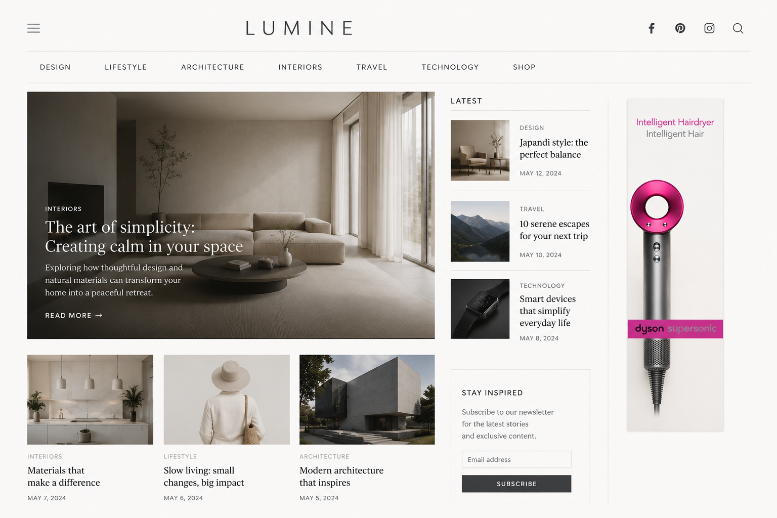 Homepage of a design and architecture website named LUMINE, featuring a large living room with beige furniture and floor-to-ceiling windows, headlines about interior design, travel, technology, and lifestyle topics, and an advertisement for a Dyson Supersonic hairdryer.