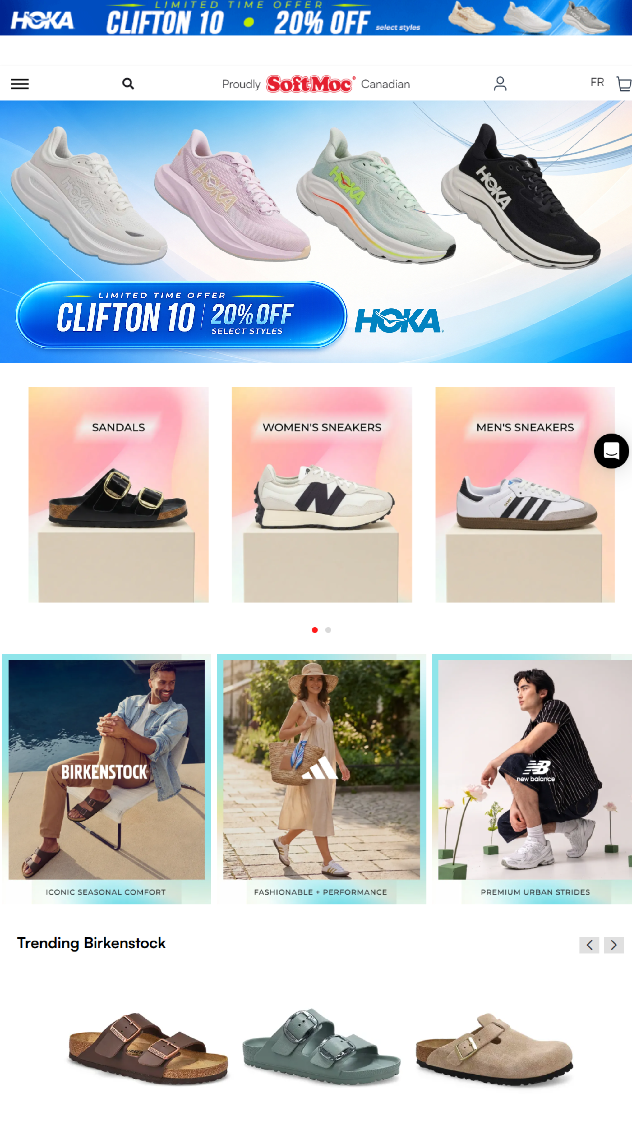 Online shopping website featuring a banner for HOKA shoes with a promotion of 20% off on select styles, and a display of different types of footwear including sandals, women's sneakers, men's sneakers, and sandals.