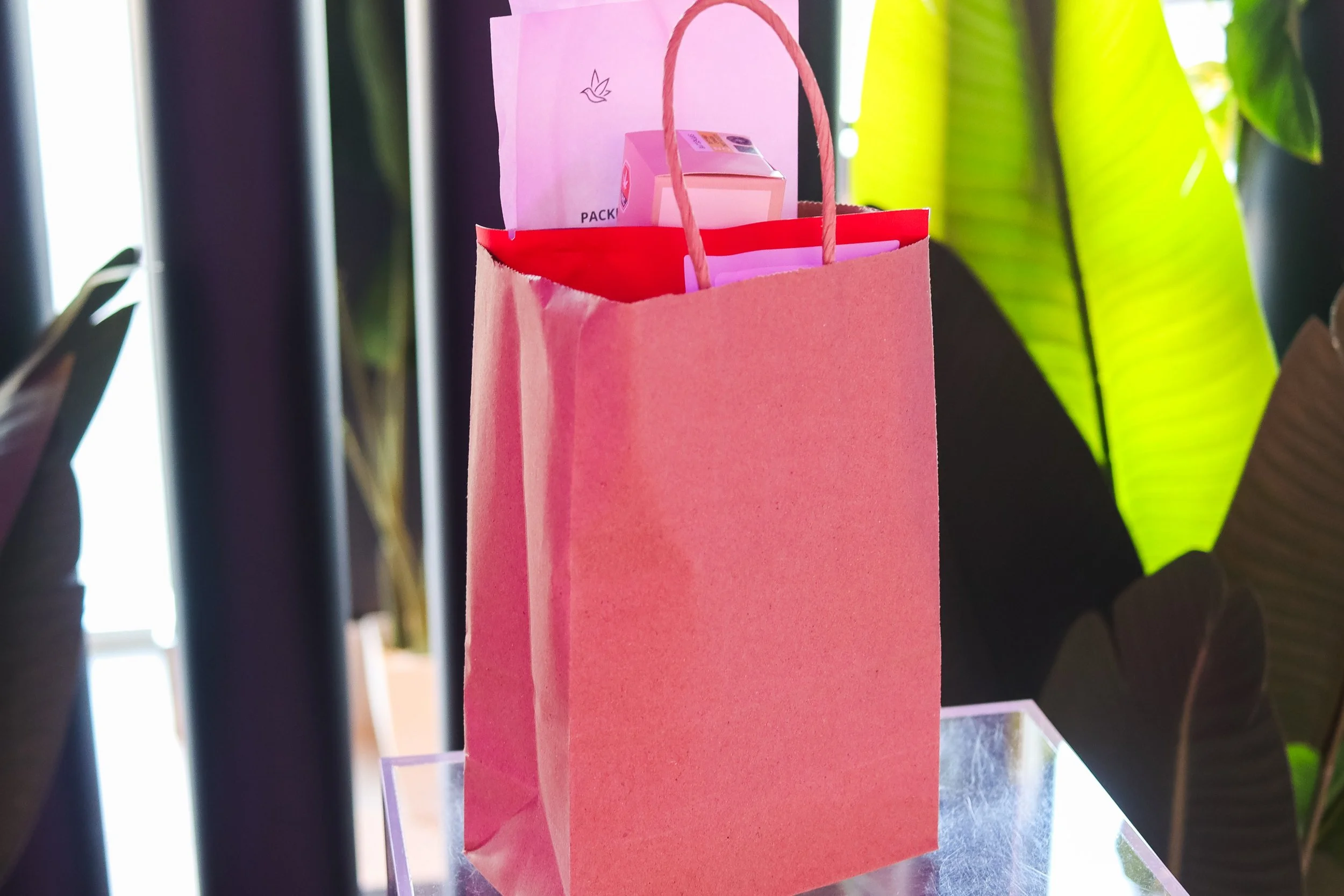 Pink gift bag with a pink box and tissue paper inside, set against a background of large green leaves.